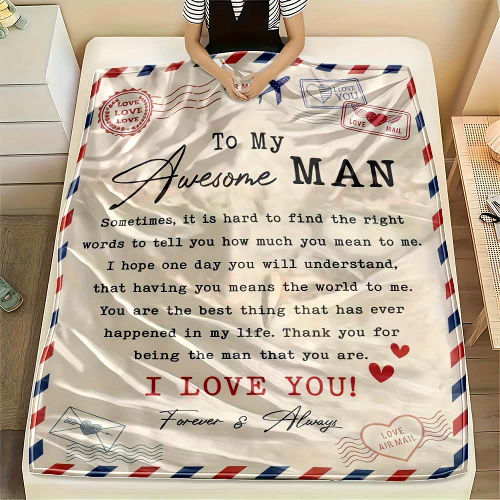 1pc to My Awesome for man Couples Blanket | Extra Long 5x8ft Flannel Bedspread - Romantic Gift for Husband, Boyfriend, Dad - Soft Beige & Red Love Notes - All-Season Keepsake - Ideal for Anniversary, Birthday, Valentine'S - H