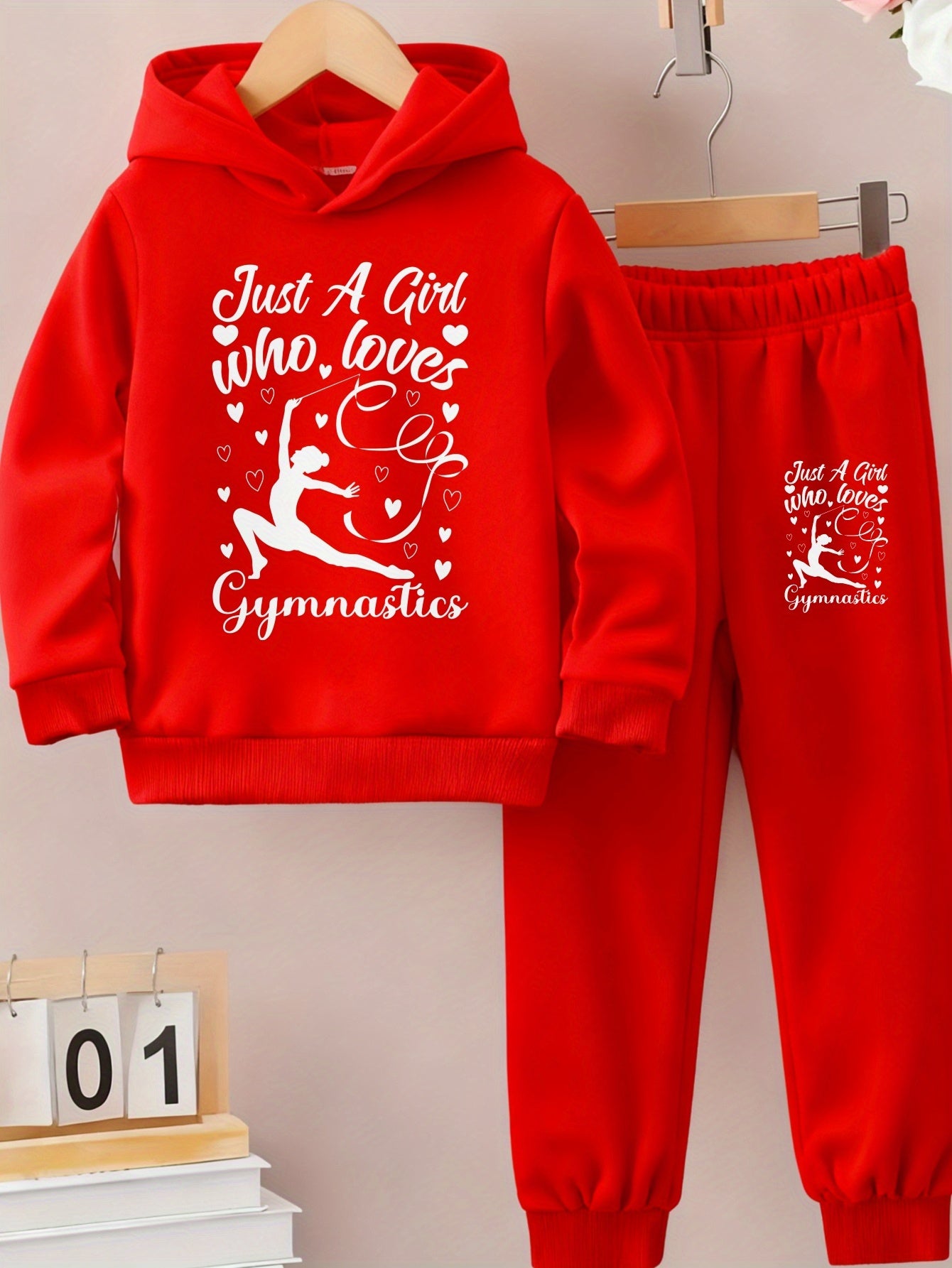 Girls Hoodie and Pants Set Black Just A Girl Who Loves Gymnastics Print Casual Wear for Gymnastics Practice and Everyday Outfits, Perfect for Outdoor