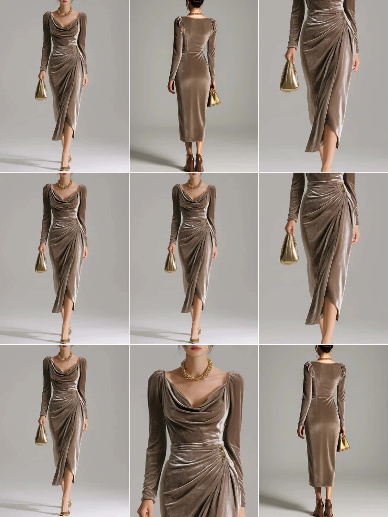 Velvet Midi Dress for Holiday Parties, Deep Brown Cowl Neck Gown with Asymmetric Hem, Stunning Christmas Party Dress with Golden Accent