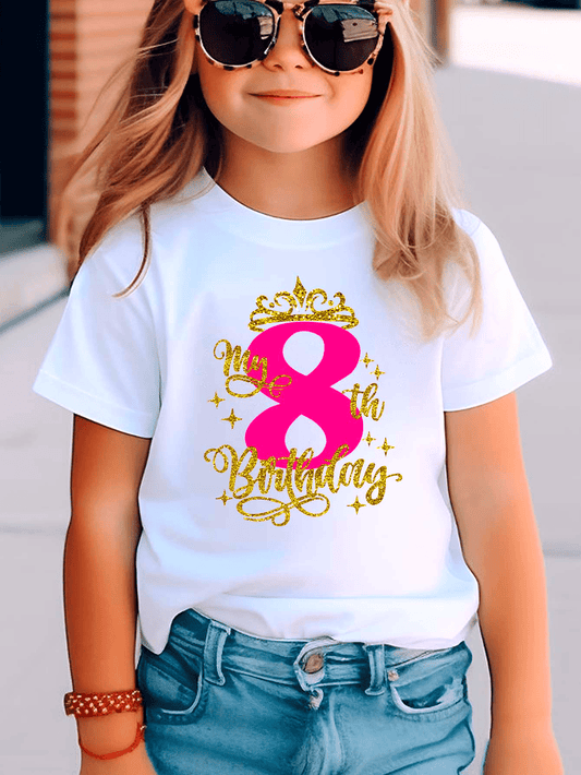 Girls' 8th Birthday T-Shirt with Golden Crown & Number 8 Print - Cute Round Neck Short Sleeve Top, Comfortable Knit Fabric, Loose Fit for Spring Summer Casual Wear, Birthday Party Outfit for 8 Year Old Girls (Age 8) - Ideal B