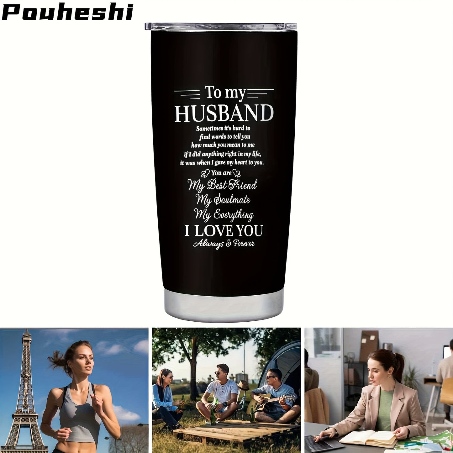 1pc 20oz Stainless Steel "to My Husband" Insulated Water Bottle with Sliding Lid & Straw - Double-Wall Vacuum Insulation, Leak-Proof, -Slip Grip, Message Engravable - Reusable Gift for Husband, Christmas, Anniversary, Valenti