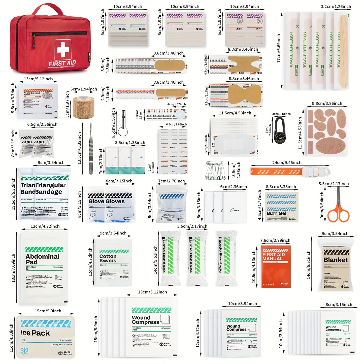 RHINO RESCUTE 240pcs All-in-One First Aid Kit with Portable Case, CPR Mask, Bandages, Gauze Pads, Ice Pack & Splinting Supplies - Heavy-Duty Medical Emergency Kit for Home, School, Office, Camping,, Car & Workplace