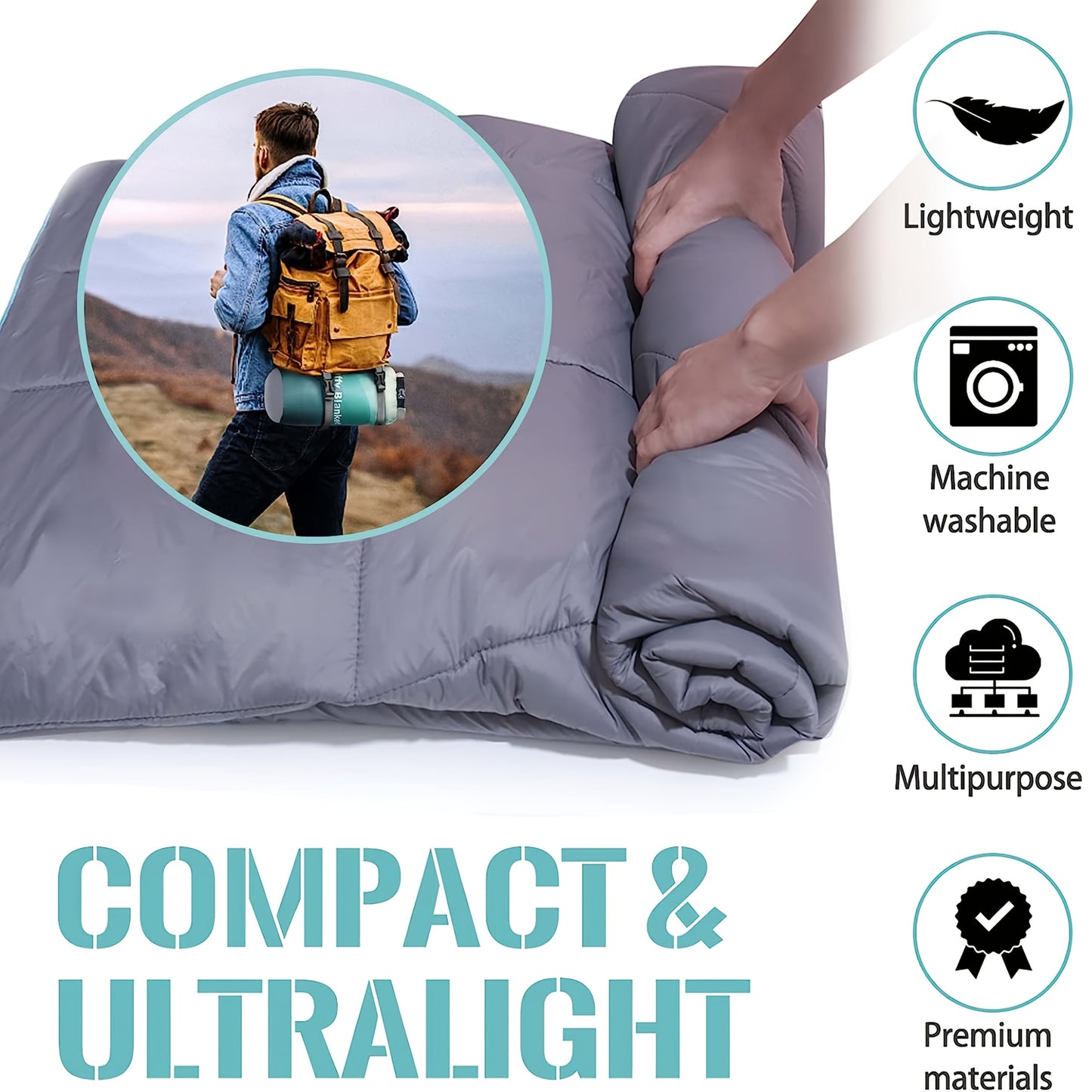 Ultra-Lightweight High Quality & Windproof Puffy Camping Blanket - All-Season Down Alternative Insulation, Portable Compact Travel Blanket with Carry Case, Fill for Camping, Hiking, Beach, Picnic, Indoor/Outdoor Use - Machine