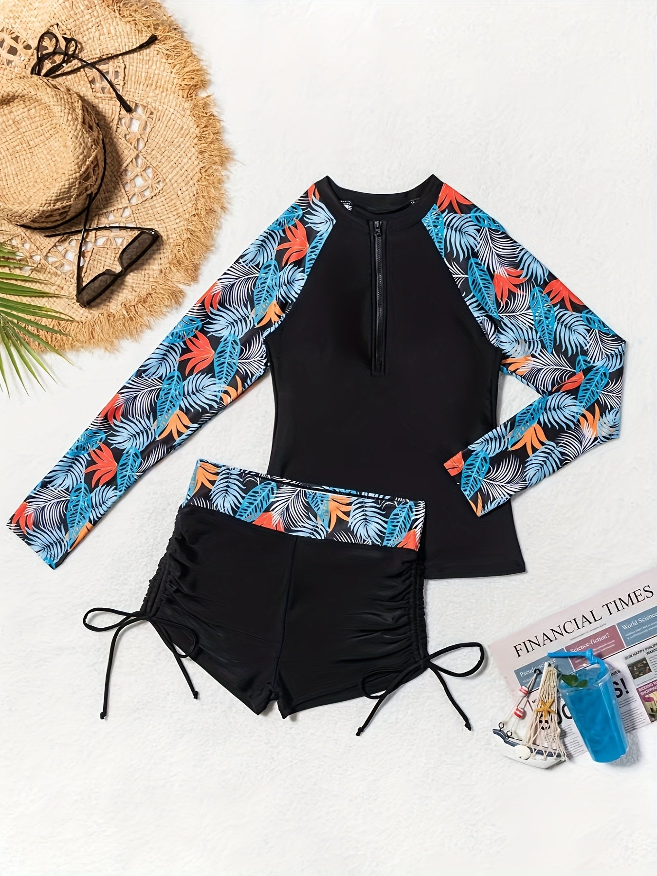 New Women'S Zipper Splicing Printed Long Sleeved Boxer Shorts Split Swimsuit