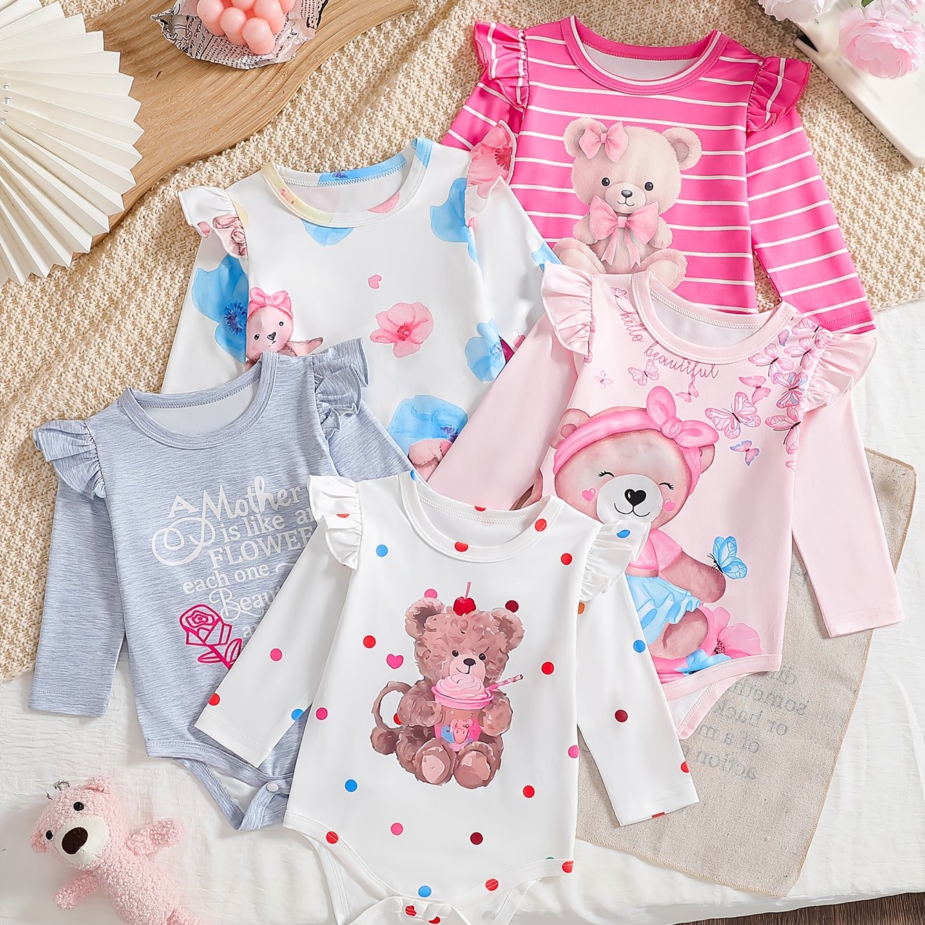 Cute Baby Girl Bear Print Jumpsuit Set With Flying Sleeves