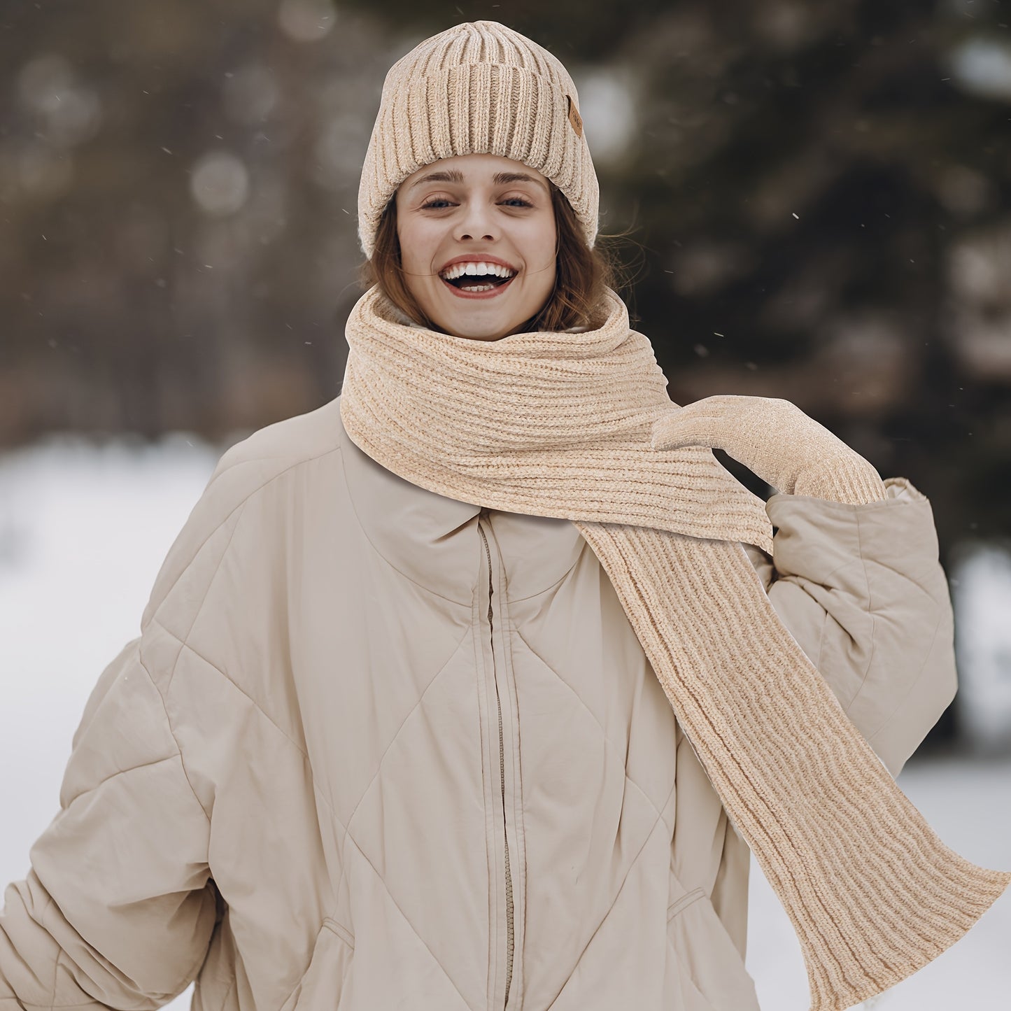 Women's Scarf, Gloves & Beanie Hat Set, Plush Touchscreen Gloves, Cold Weather Hand & Neck Warmers, Christmas & Thanksgiving Gifts for Adults, Beige/Elegant Multi-Color Options (Brown/Beige/Tan), Cozy Winter