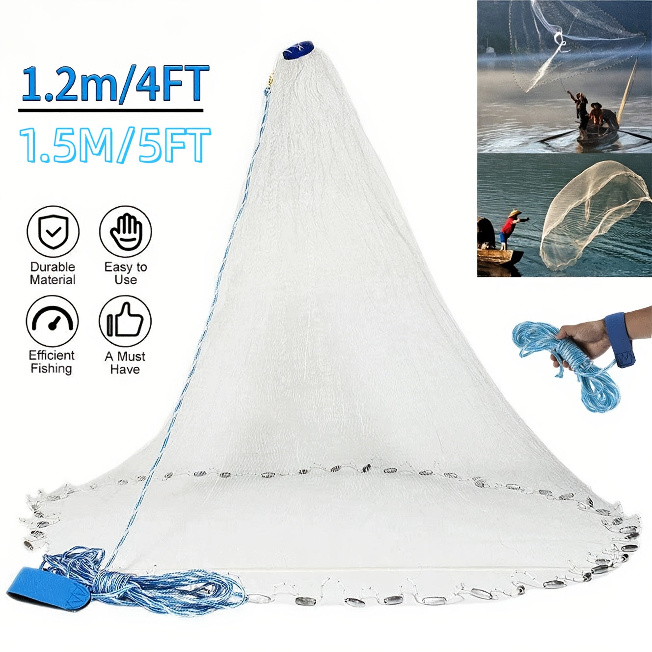 8ft 10ft Fishing Cast Net For Bait Nylon Mesh 1.3cm Saltwater Net With Heavy Duty Zinc Sinker Weights