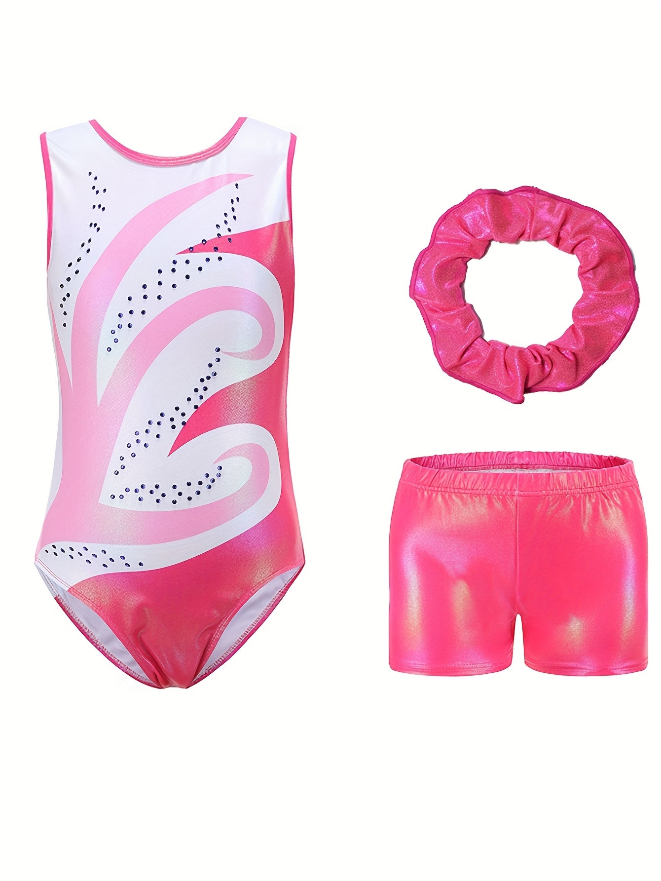 Girls' Sleeveless Gymnastics Leotard with Sparkling Blue & Purple Swirl Design + Light Blue Shorts & Hair Tie - Breathable Stretchy Fabric for Dance, Gymnastics, Christmas Parties, Gymnastics Attire, Sleek Fitted Design, Medi