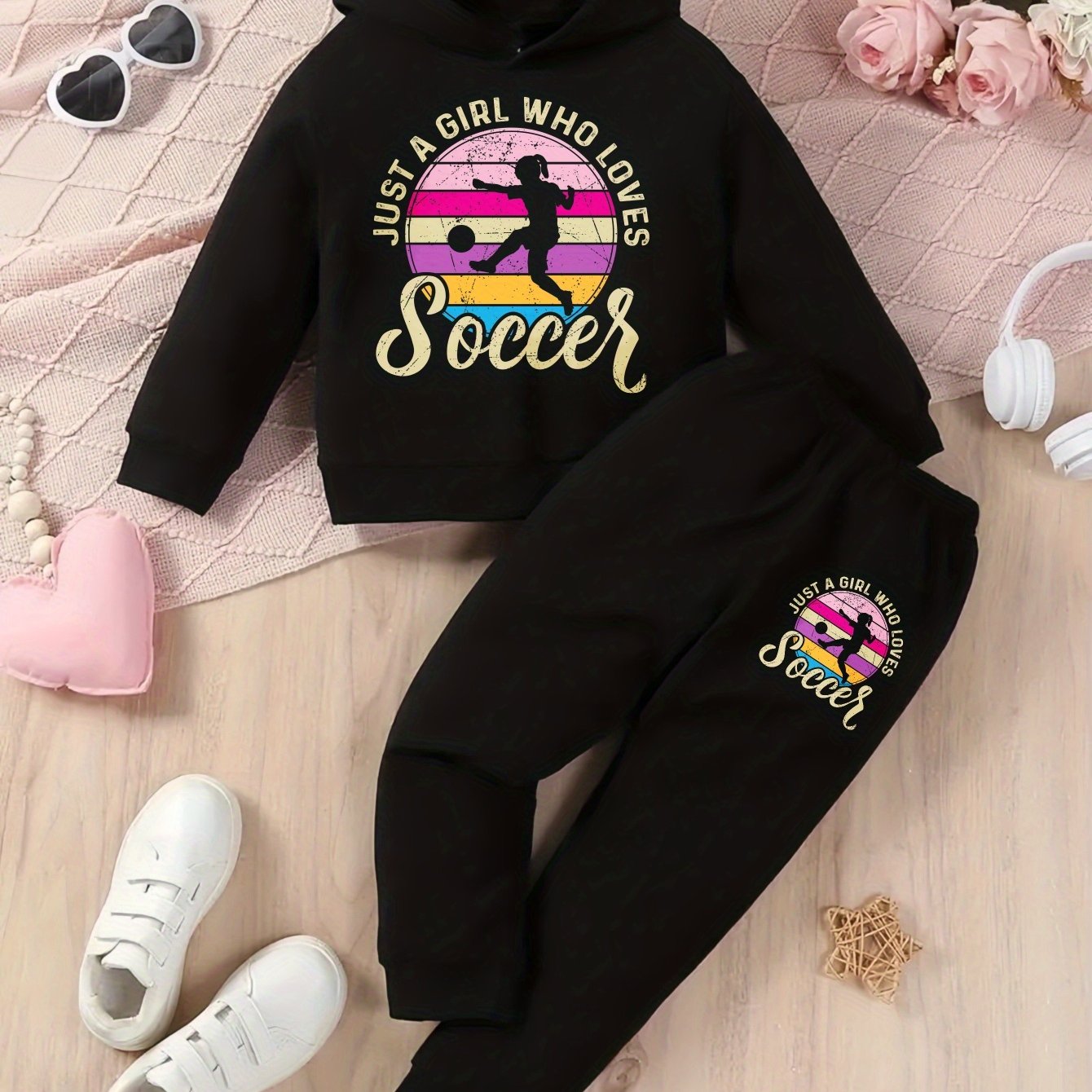 Girls Hoodie and Pants Set - Soccer Graphic Outfit with Hood, Long Sleeve Matching Tracksuit, Soft Pink & Black Soccer Print, Warm Casual Sportswear for Soccer Practice, Games, Casual Attire - Girls' Athletic Clothing, for Ou