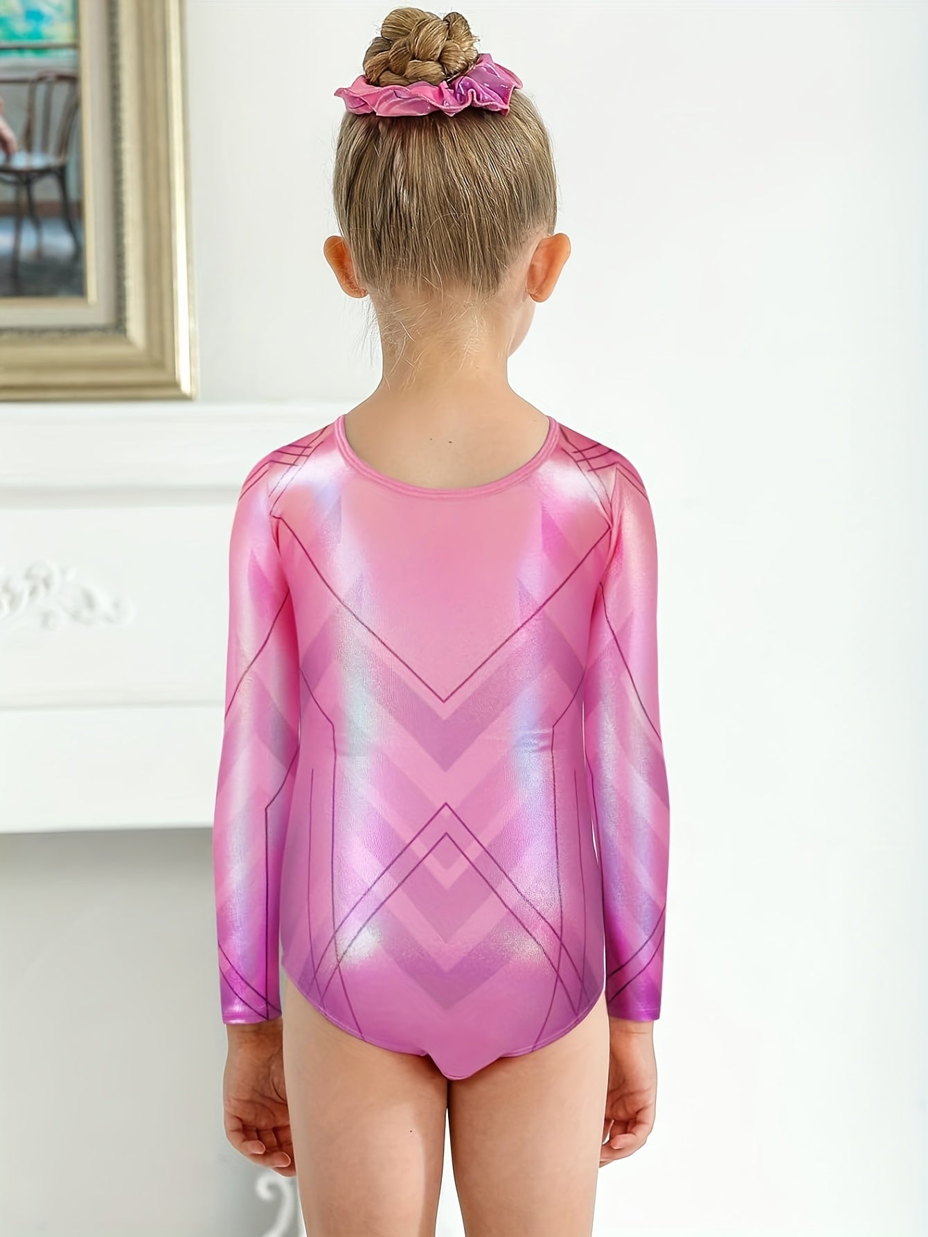 Girls' Long Sleeve Gymnastics Bodysuit with Geometric Pattern - Breathable, Washable, Stretchy Workout Outfit for Christmas, Football Parties & Sports Events, Christmas Sports Attire, Sleek Sporty Design, Stretchy Fabric