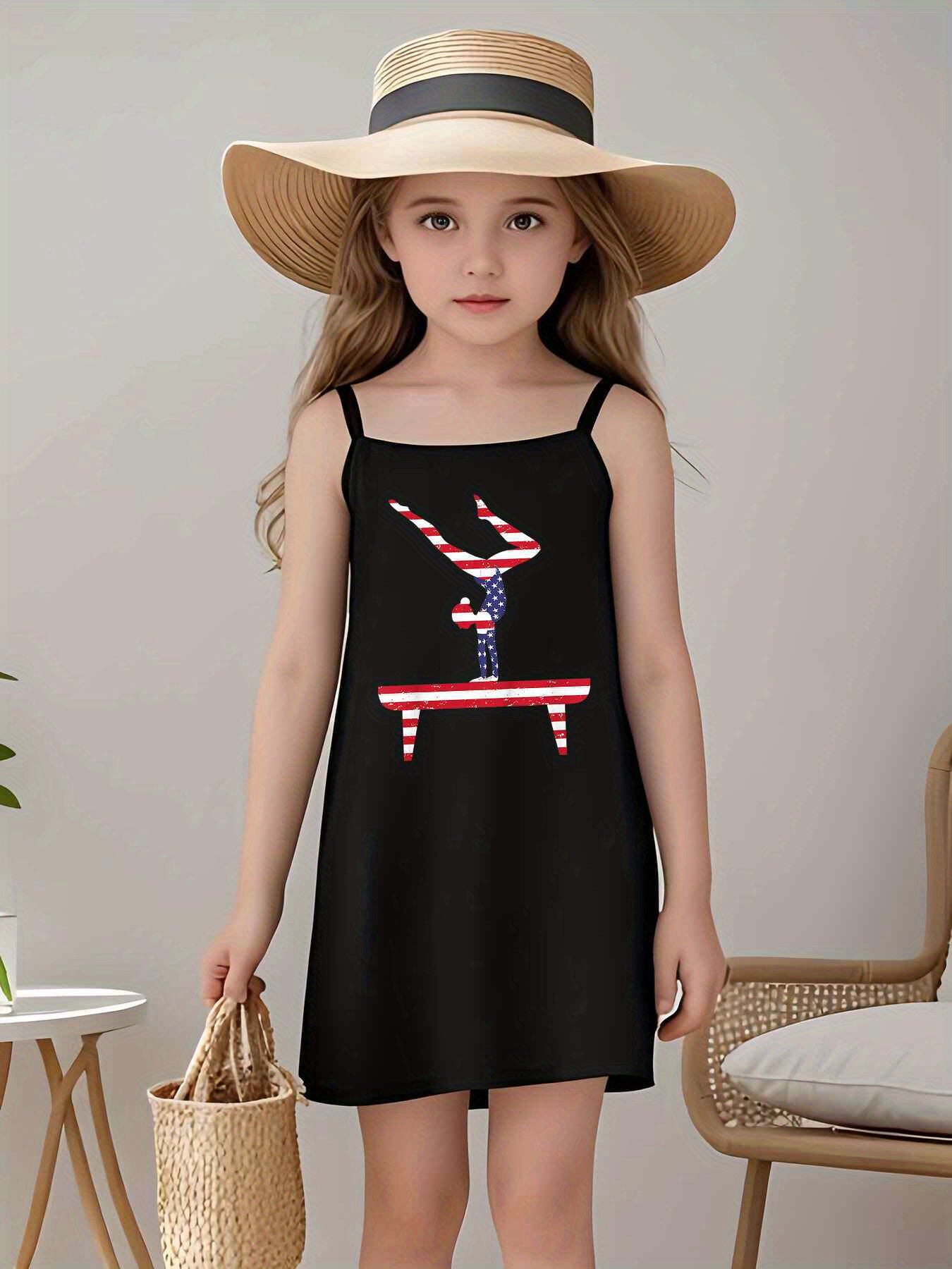 Girls' Sleeveless Gymnastics Leotard Dress with USA Flag Print & Gymnast Silhouettes - Knee-Length Athletic Dance Outfit, All-Season for Team Training, Practice & Competitions - Youth Gymnast Apparel for Kids & Teens (Easy-Ca