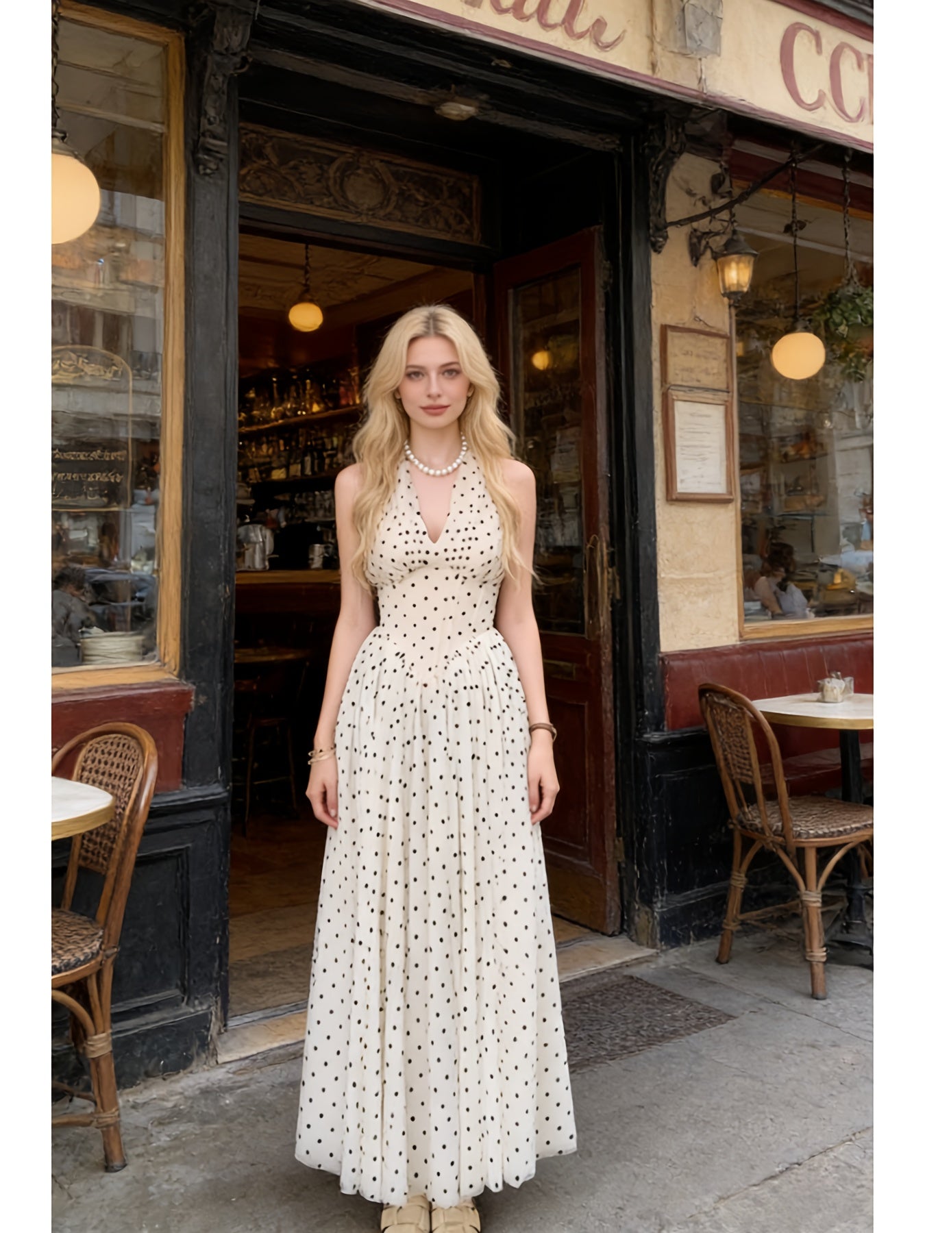 French Polka Dot V-neck Halter Dress | Pure and Seductive Waist-Controlled Big Swing Long Dress, Backless Slim-fit Fairy-like Skirt for Women, Elegant Style for Spring/Summer/Fall