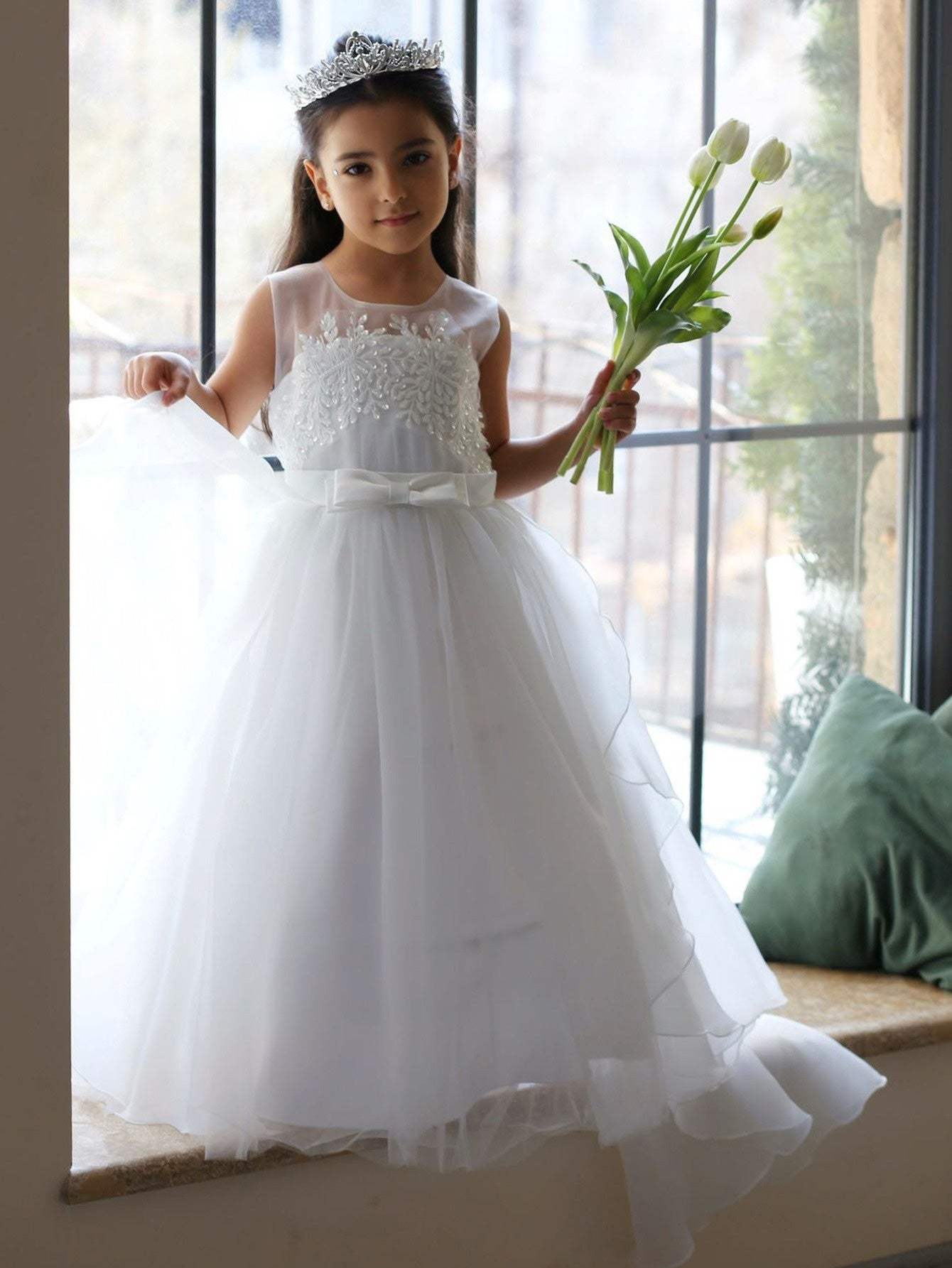 Tulle Flower Girl Dress With Embroidery And Bow Detail For Weddings