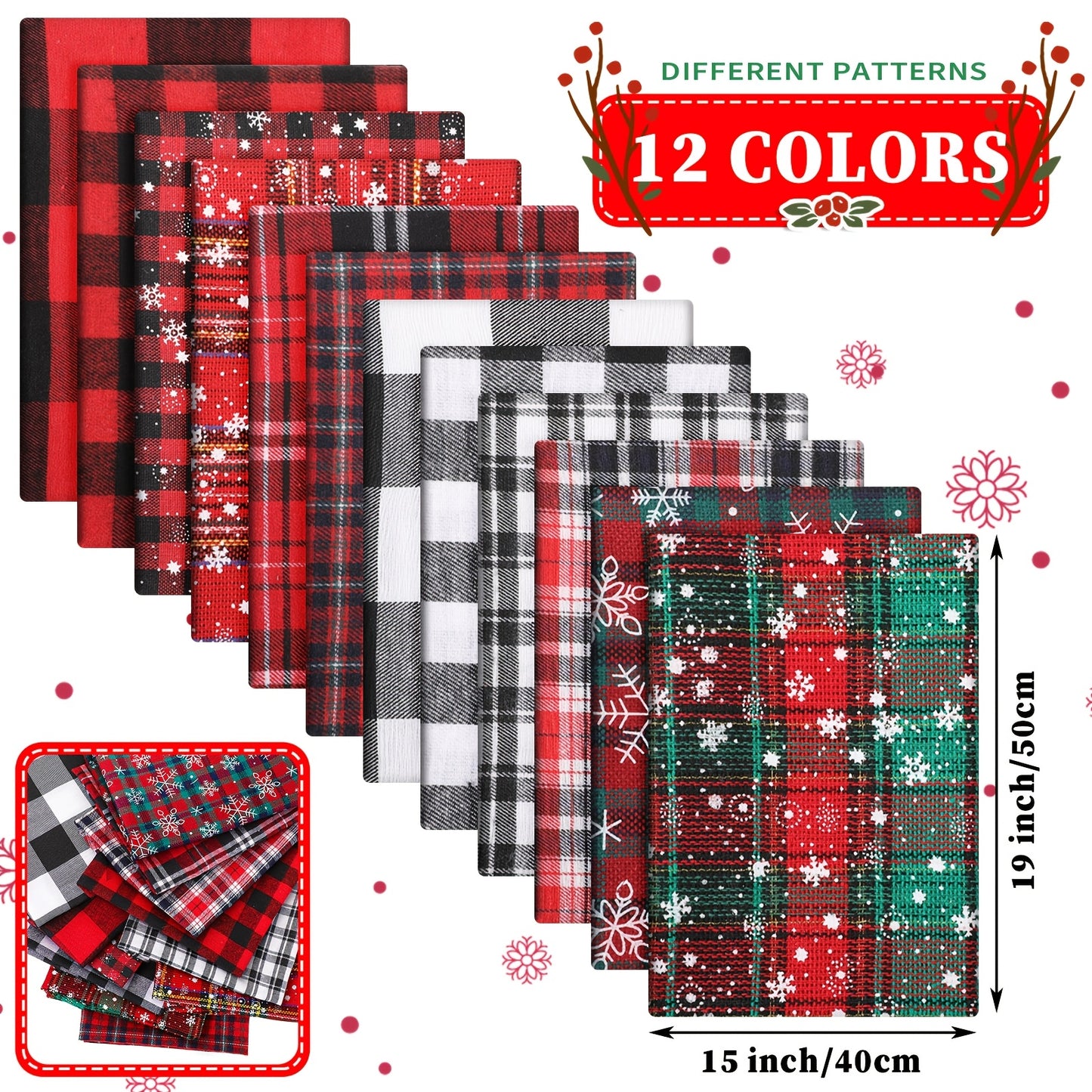 TENARE Christmas Buffalo Plaid Fabric Bundles Fat Quarters 12pcs