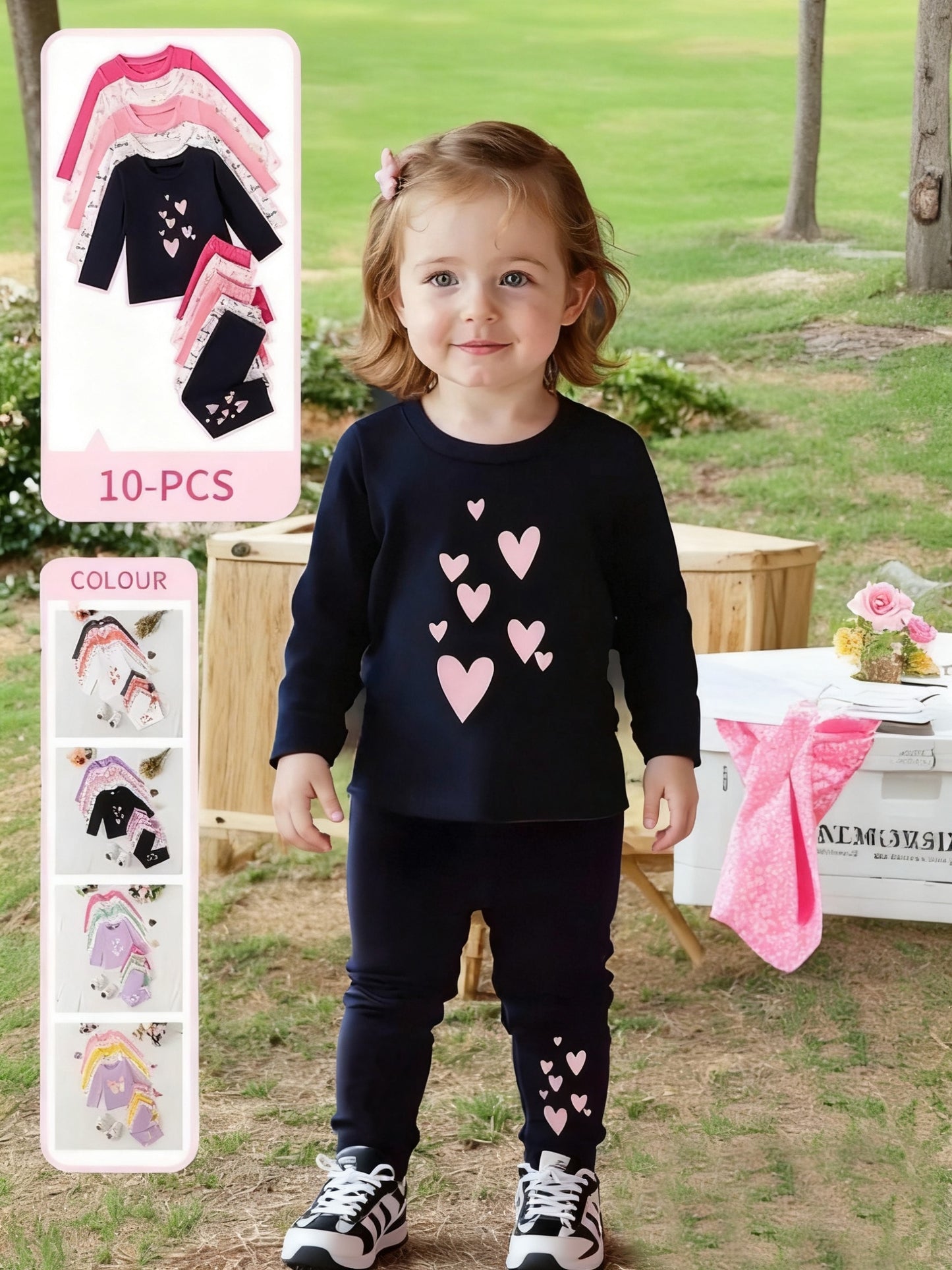 Randomly Send 2pcs of Baby Girl Clothing: a Long-Sleeve T-Shirt with a Heart Print And Randomly Cut Heart Print Pants for an Outdoor Set, for Outdoor