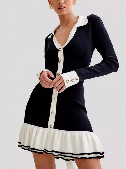 Socato ' Elegant Bow Tie -Neck Dress with Ruffle Trim & Pearl Buttons - Sleeve Pencil Gown for Weddings, Parties, Spring/Autumn Events - Solid Color Non-Stretch Dress for females