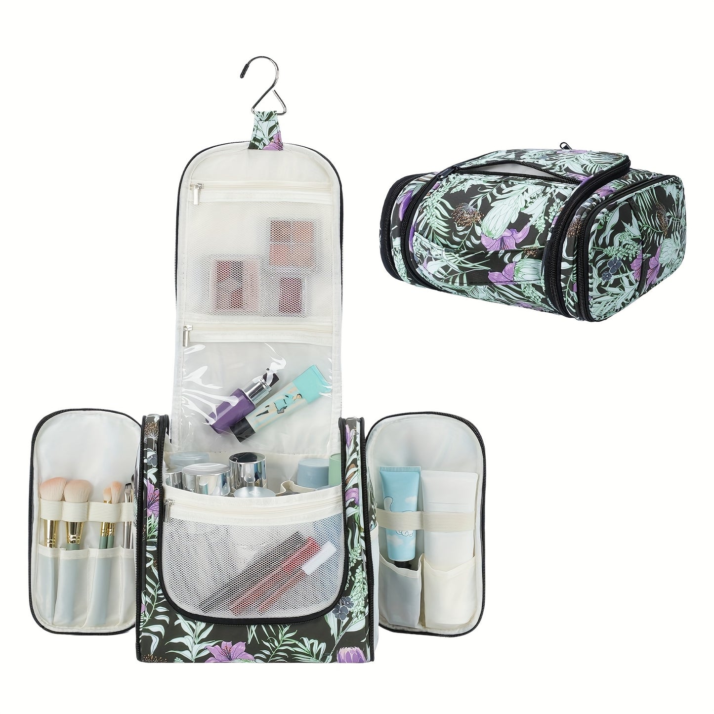 Women's Large Capacity Hanging Toiletry Bag - Travel Cosmetic Organizer with Hanging Hook & Top Handle, Zipper Closure, Lightweight Makeup Case with Multiple Compartments - Elegant Purple, Airport Approved for Carry-On Luggag