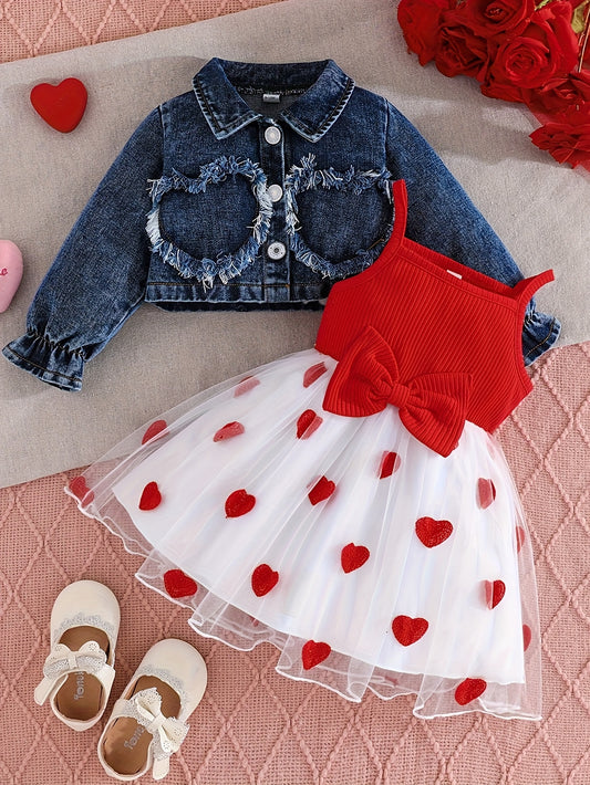 2pcs Toddler Girl Outfit | Stylish Blue Denim Jacket & Adorable Bow Skirt Set | Cozy Jacket with Button Front, Soft Flowy Skirt for Fall Birthday Party, Photoshoot, Casual Wear - Machine Washable Toddler Ensemble, Perfect for