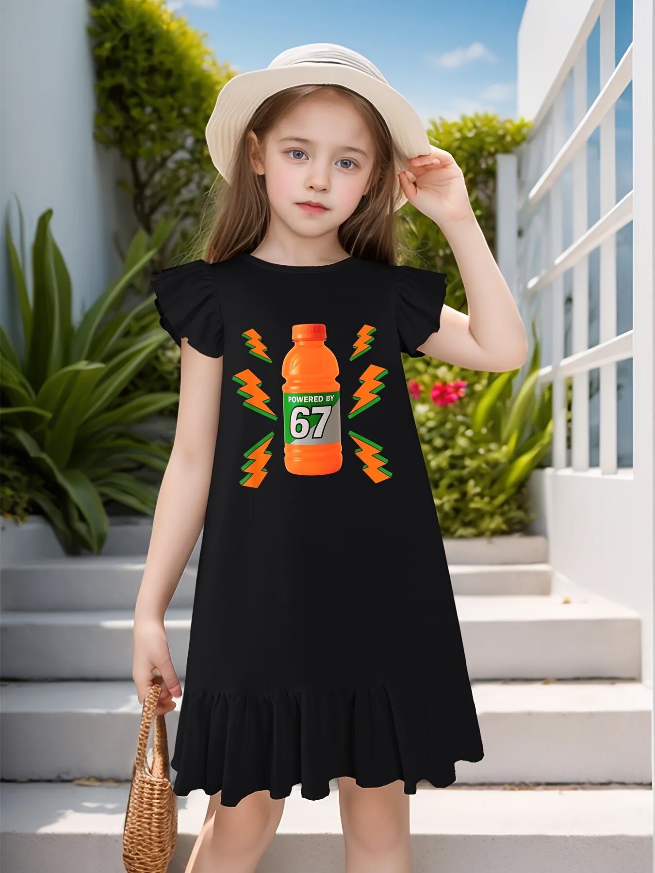 Girls Midi Cotton Dress With Flutter Sleeves Number Theme Applique Gen Alpha Logo Round Neck Machine Washable