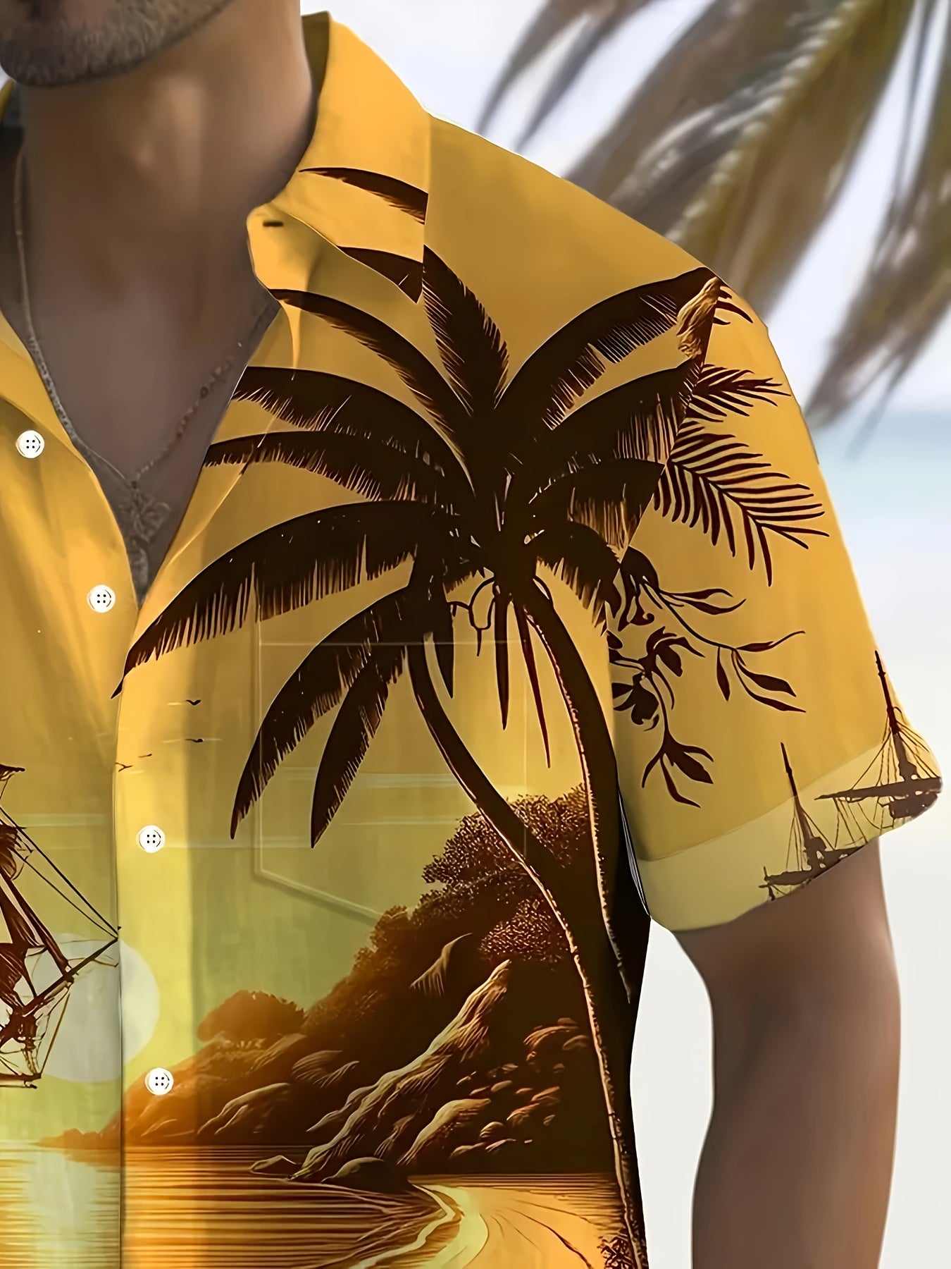 Men'S 3D Printed Tropical Sunset Sailboat & Hawaiian Beach Scene Short Sleeve Shirt - Vibrant Palm Tree & Ocean Print, Breathable, Chest Pocket, Casual Button-Front Closure, All-Season Comfort, Ideal for Summer Vacation & Bea