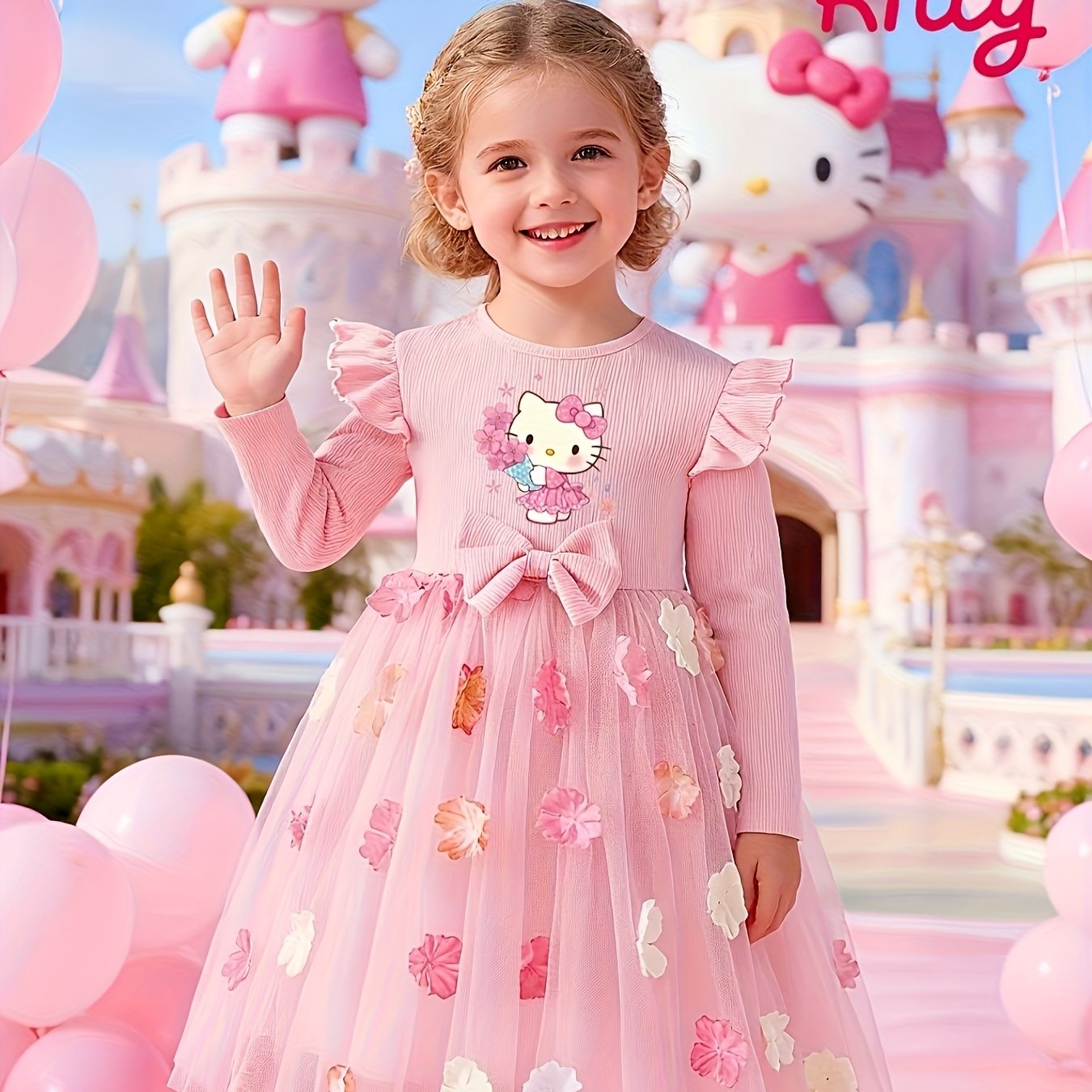 Hello Kitty Winter Party Dress For Girls 3D Flower Bow Print Pink Princess With Puffy Sleeves Machine Washable