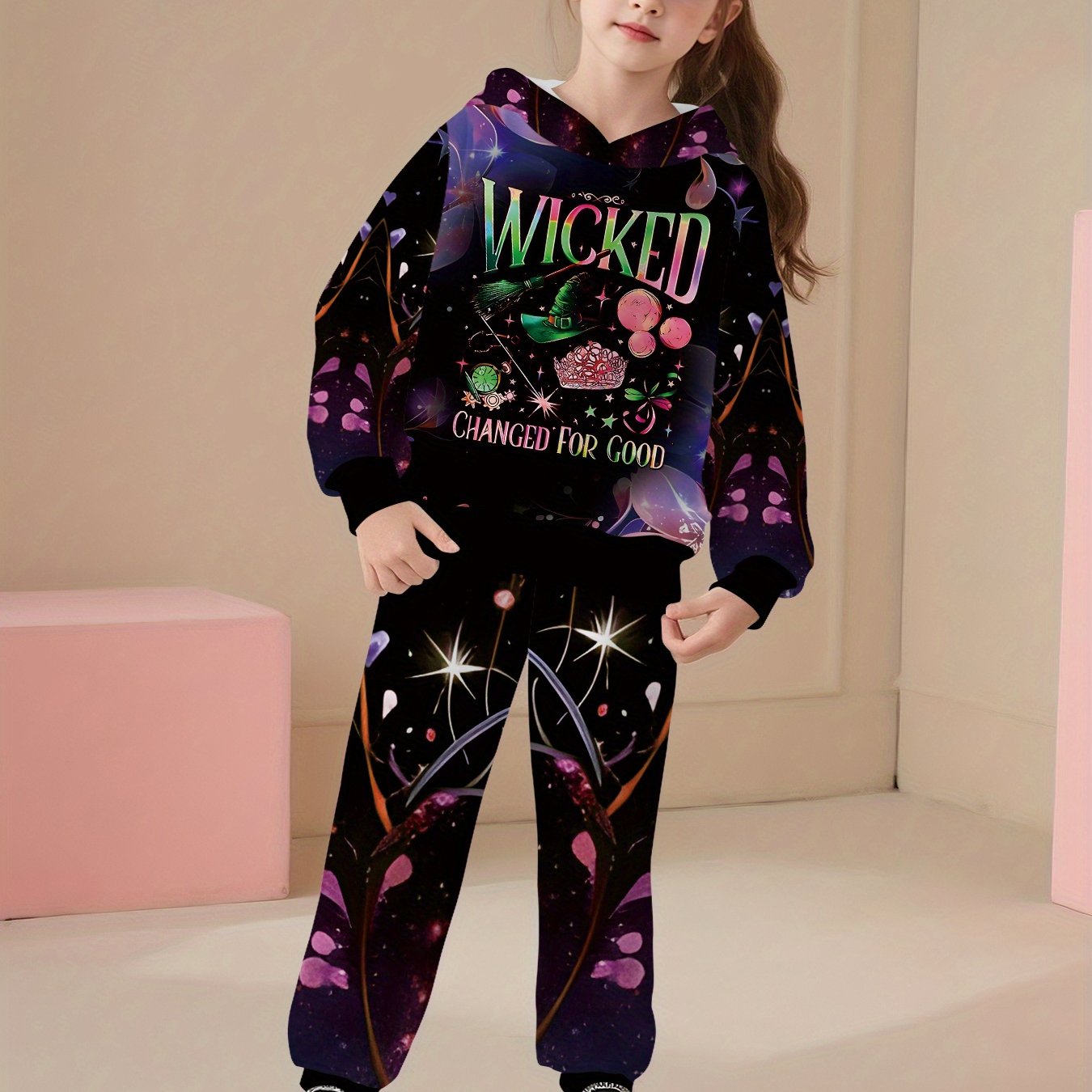Wicked Themed 2pcs Girls' 3D Print Hoodie and Pants Set, Fashionable Casual Outfit, 100% Polyester Suitable for Girls Going Out, Perfect Gift for Girls, Perfect for Outdoor