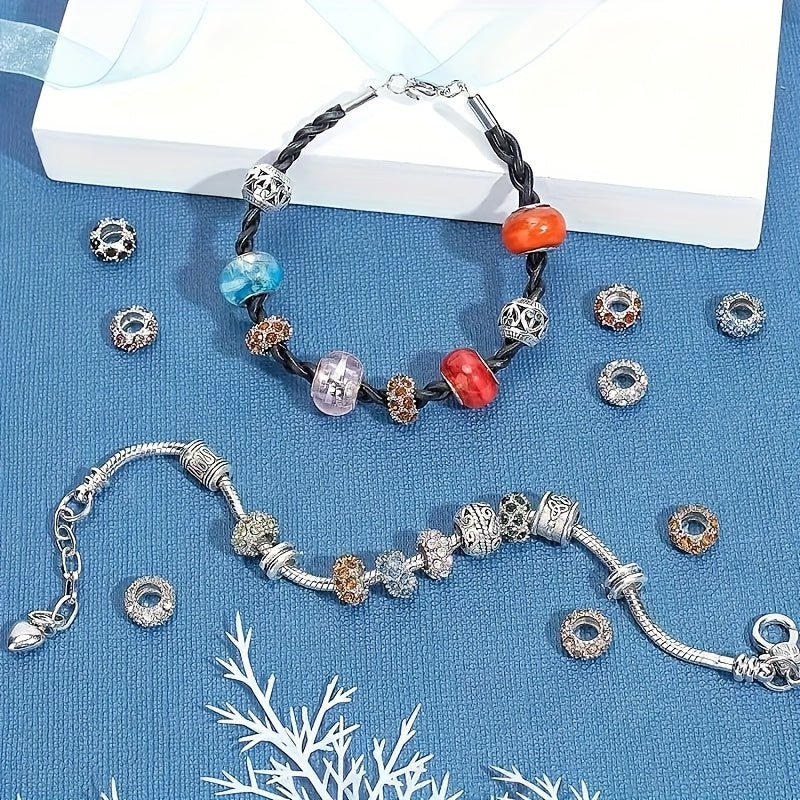 80 Pcs Alloy Space Beads with Sparkling Crystals in White and Gold 11x6mm Large Hole for DIY Jewelry Making