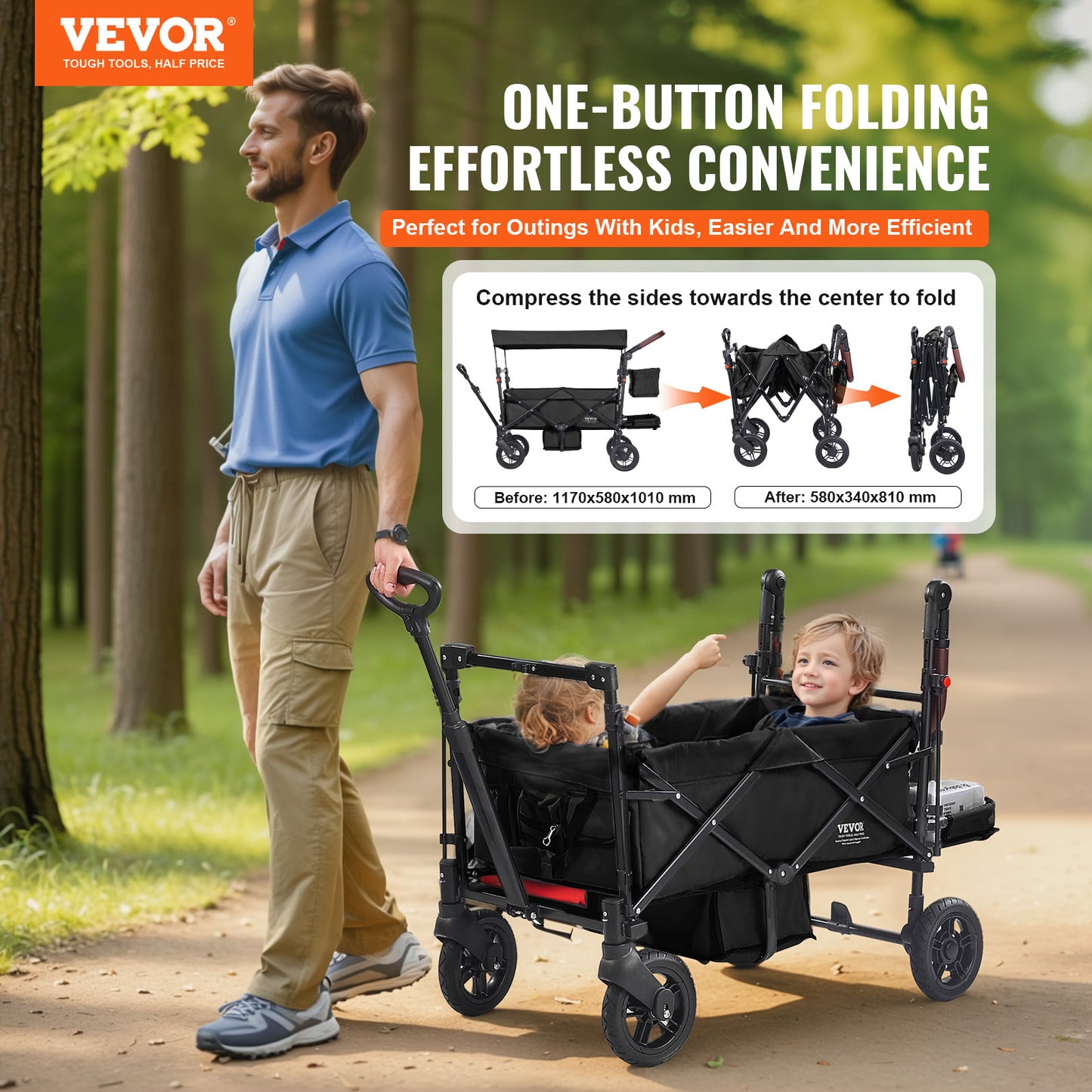 VEVOR Tandem Stroller For 2 Kids Adjustable Handle Canopy