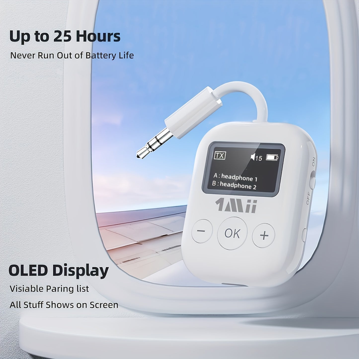 1Mii Wireless 5.3 Airplane/TV Adapter With Dual Pairing & AptX Low Latency - Wireless Transmitter For 3.5mm Headphones, Travel Essentials (White)