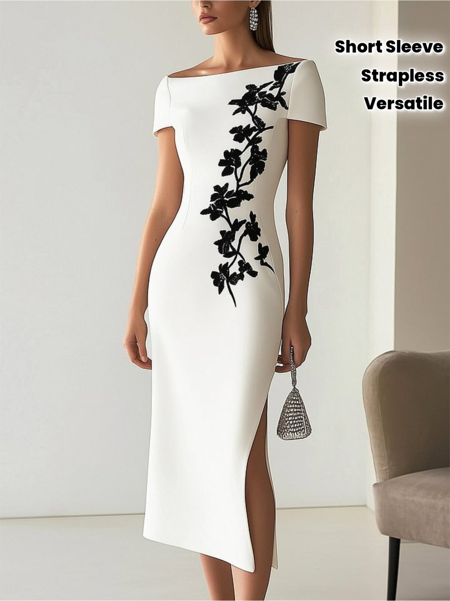 Women'S Elegant Strapless/One-Shoulder Short Sleeve Dress with Black Floral Embellishment - Mermaid/Pencil Skirt & Slit Hem, All-Season Formal Party Wedding Guest Dress, Versatile Evening Gown for Women, Comfortable & Durable