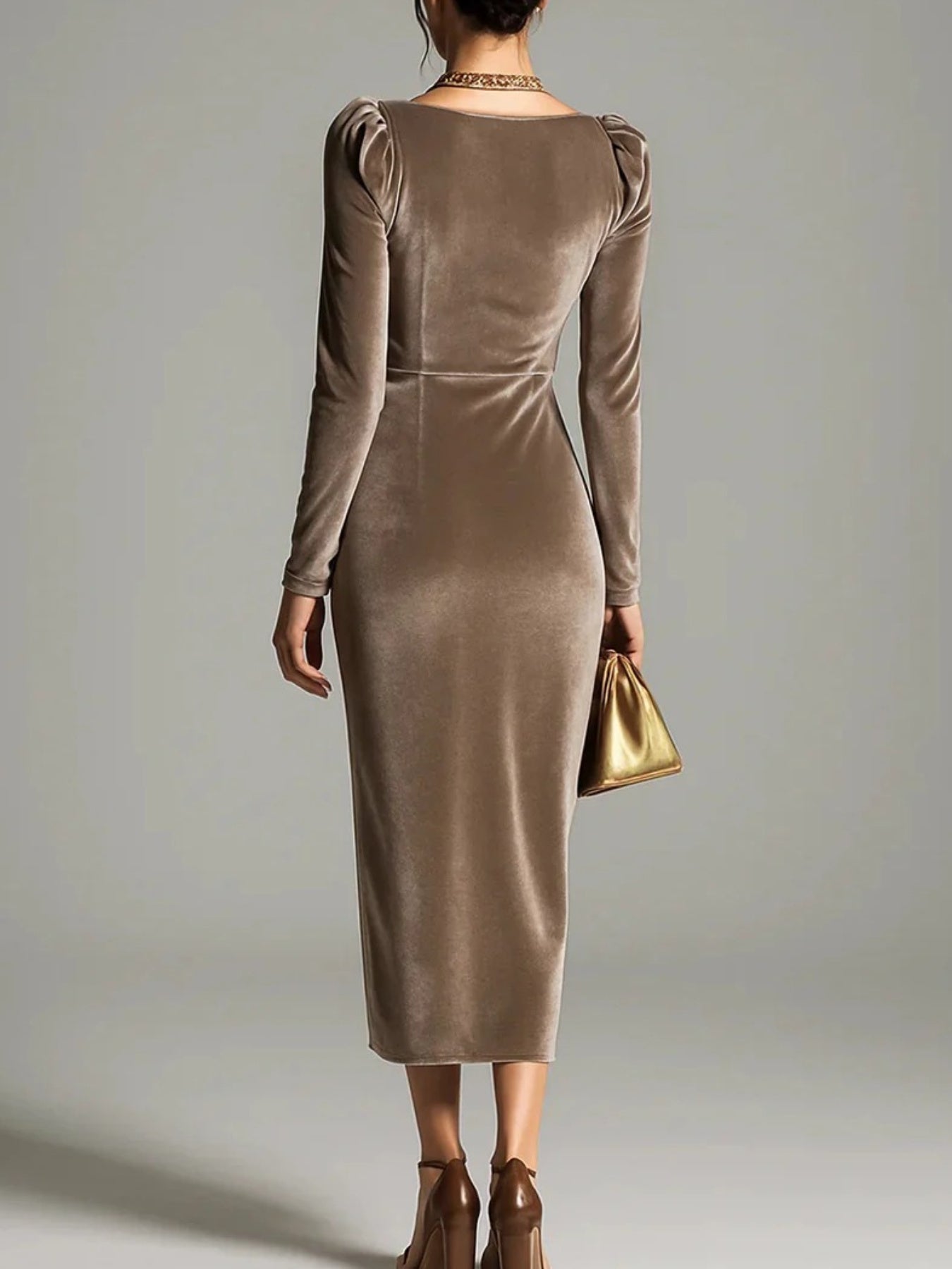 Socato ' Elegant -Neck Sleeve Slit Bodycon Dress with Pleated train - Solid Color Wedding Guest Gown, Prom Dress, Dress - Non-Stretch Pencil for special Occasions (Hand Wash/Dry)