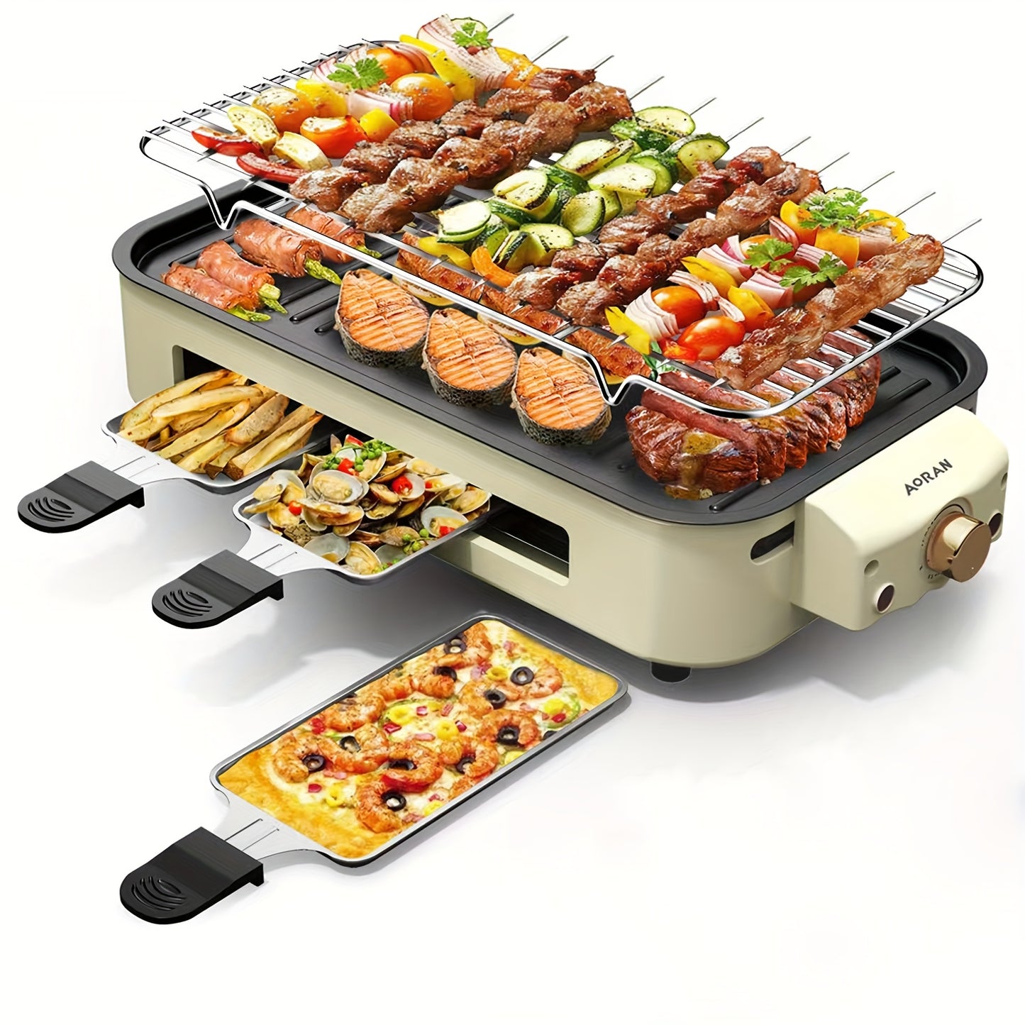 Kitchen Electric Barbecue Grill, Fully Detachable Non-Stick and Easy to Clean, With Frying Pan Grille and Waffle Maker Three Hand Trays, Adjustable Temperature 1500W, Made of Stainless Steel, Gift for Christmas Housewarming B