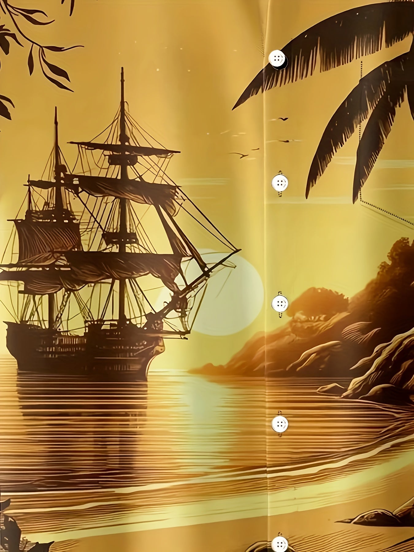 Men'S 3D Printed Tropical Sunset Sailboat & Hawaiian Beach Scene Short Sleeve Shirt - Vibrant Palm Tree & Ocean Print, Breathable, Chest Pocket, Casual Button-Front Closure, All-Season Comfort, Ideal for Summer Vacation & Bea