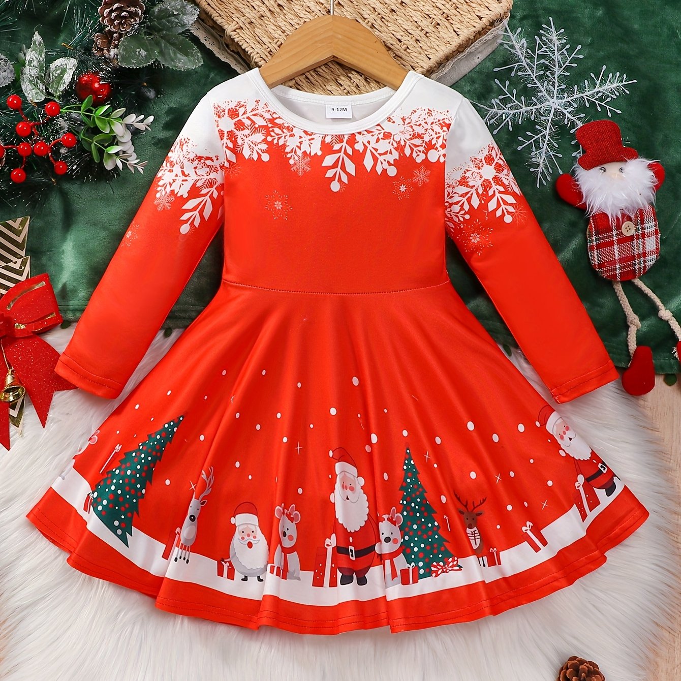 Toddler Girls Christmas Long Sleeve Dress With Snowman Reindeer Pattern