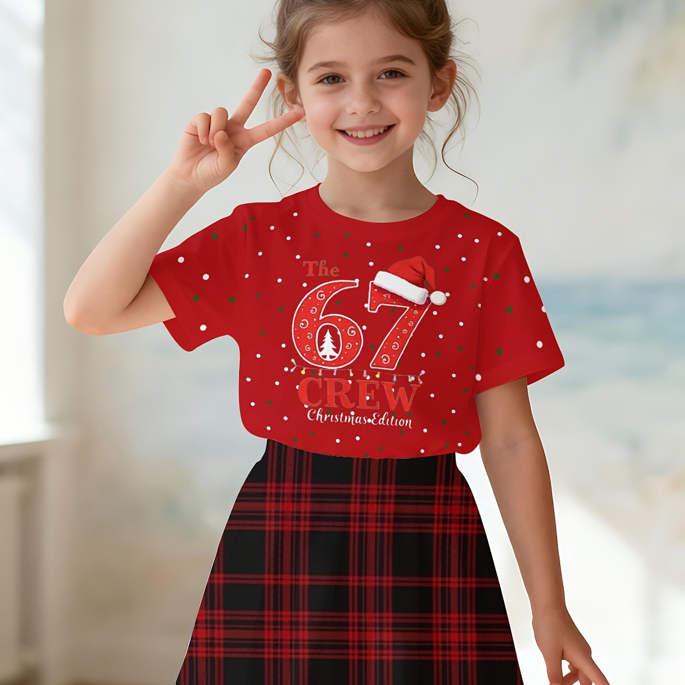 Girls Summer Short Sleeve Short Skirt Two Piece Set, Red and Black Plaid Skirt, Christmas No. 67 Cartoon 3D Printed Round Neck T-Shirt, Summer Set, Suitable for Casual Vacation Party, Suitable for Outdoor Scene Wear