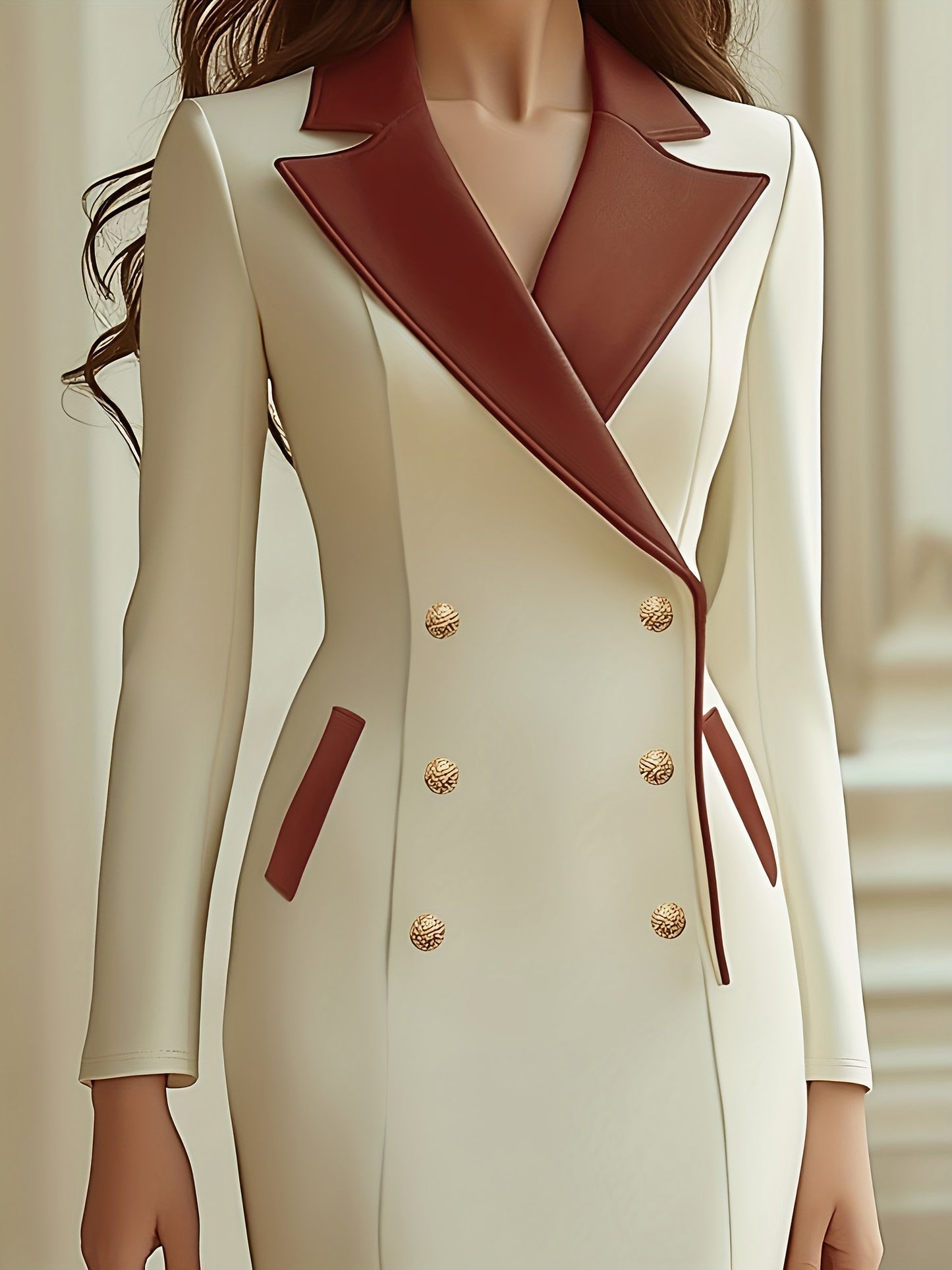 Cream Hued Double Breasted Dress With Mid Length Contrasting Collar Color Block Design Retro Chic Office Wear For Spring Or Fall