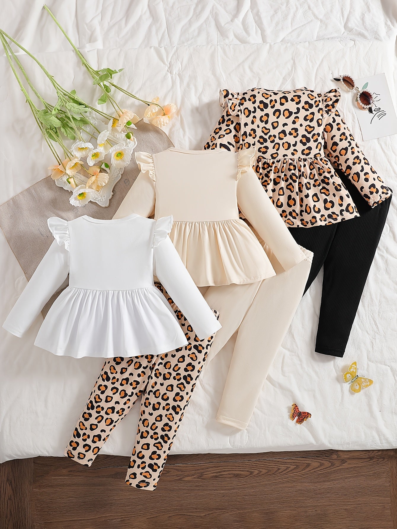 Baby Products, Newborn Baby Girl Clothing, Girl's Clothing, Baby Girl Autumn And Winter Flying Sleeves, Leopard Print Bow, Round Neck+same Series Long Single Pants 3pcs Combination Set, Children's Halloween , Halloween , Perf