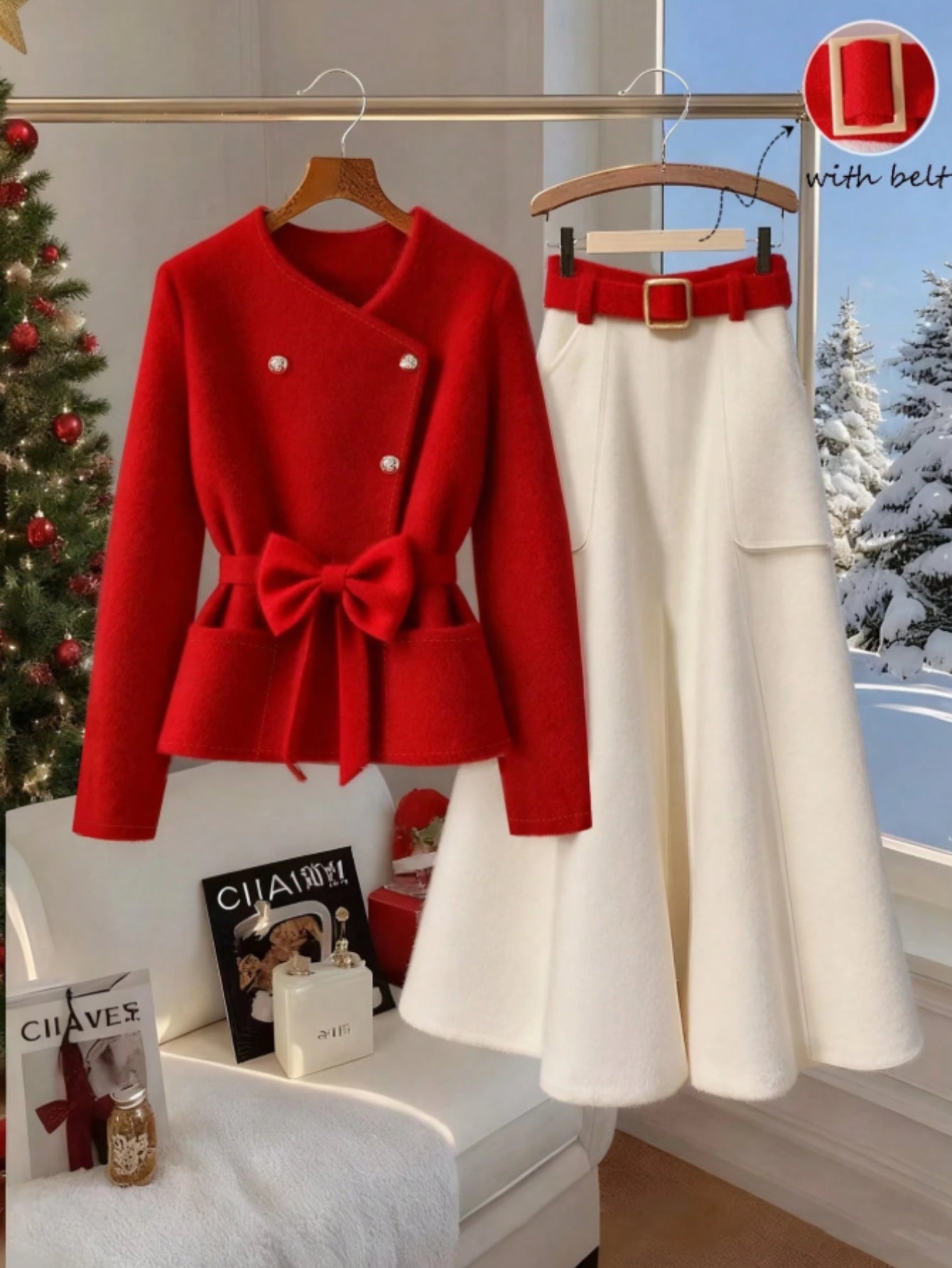 Women'S Two-piece Set (waist Cinching Jacket+wide Leg Skirt Pants, Bow And Waistband Design) | Suitable For Christmas Parties, New Year's, And Holiday Outings, Creating A Festive And Elegant Dressing Style