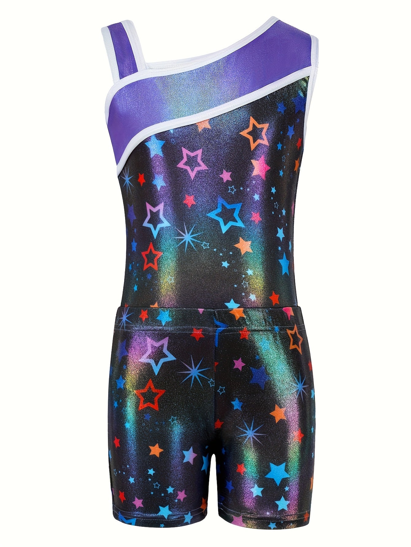 3pcs Gymnastics Leotards for Girls, Youngsters Sleeveless Y-neck Glitter Stars Dance Unitards Biketards with Shorts + Hair Scrunchies Purple, Cute Gymnastics Outfits for Girl, for Outdoor, Perfect for Outdoor