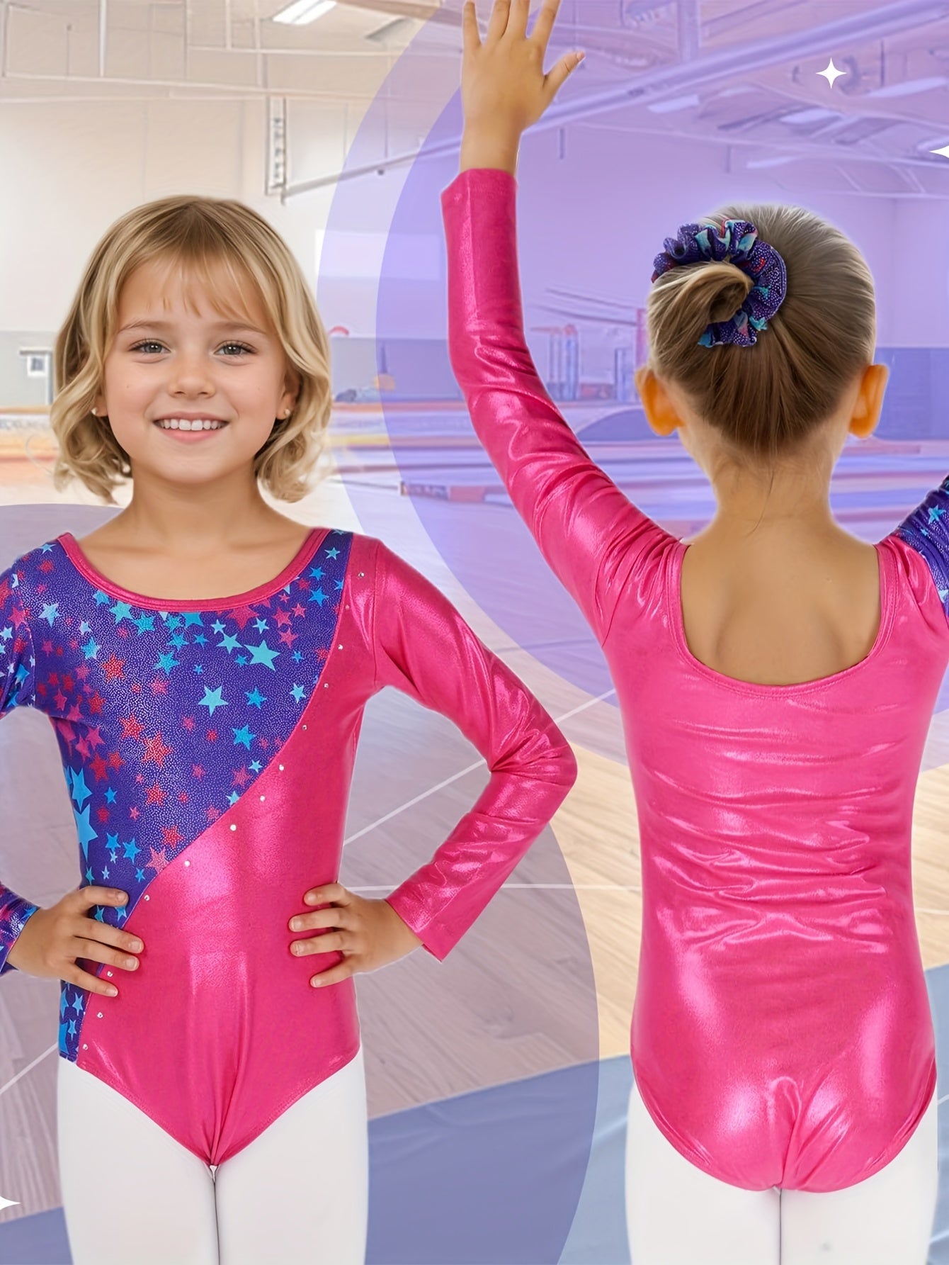 Girls Gymnastics Leotard, 3-12 Years Long Sleeve Glitter Dance Leotard with Shorts Ballet Tumbling Set