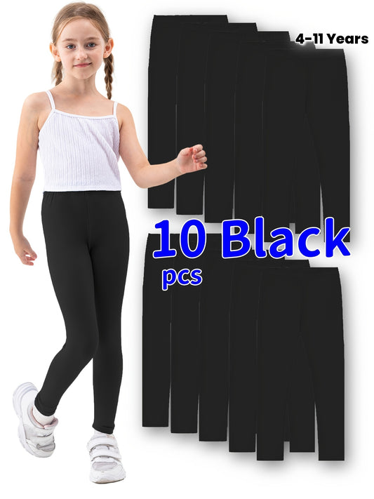 10pcs Girls' Everyday Leggings Set | Ultra-Soft Ribbed Waist & Mid-Stretch Fabric | Solid Colors & Random Assorted Prints | 10pcs Yoga, Play & School Pants | 7.5-8.5" Length, No Belt Loops | Fall/Winter Season | Comfortable C