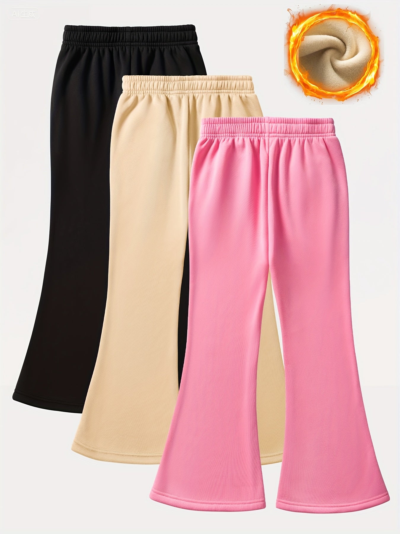 Three Piece Set Girls Flared Pants With Heart Design And Fleece Lining