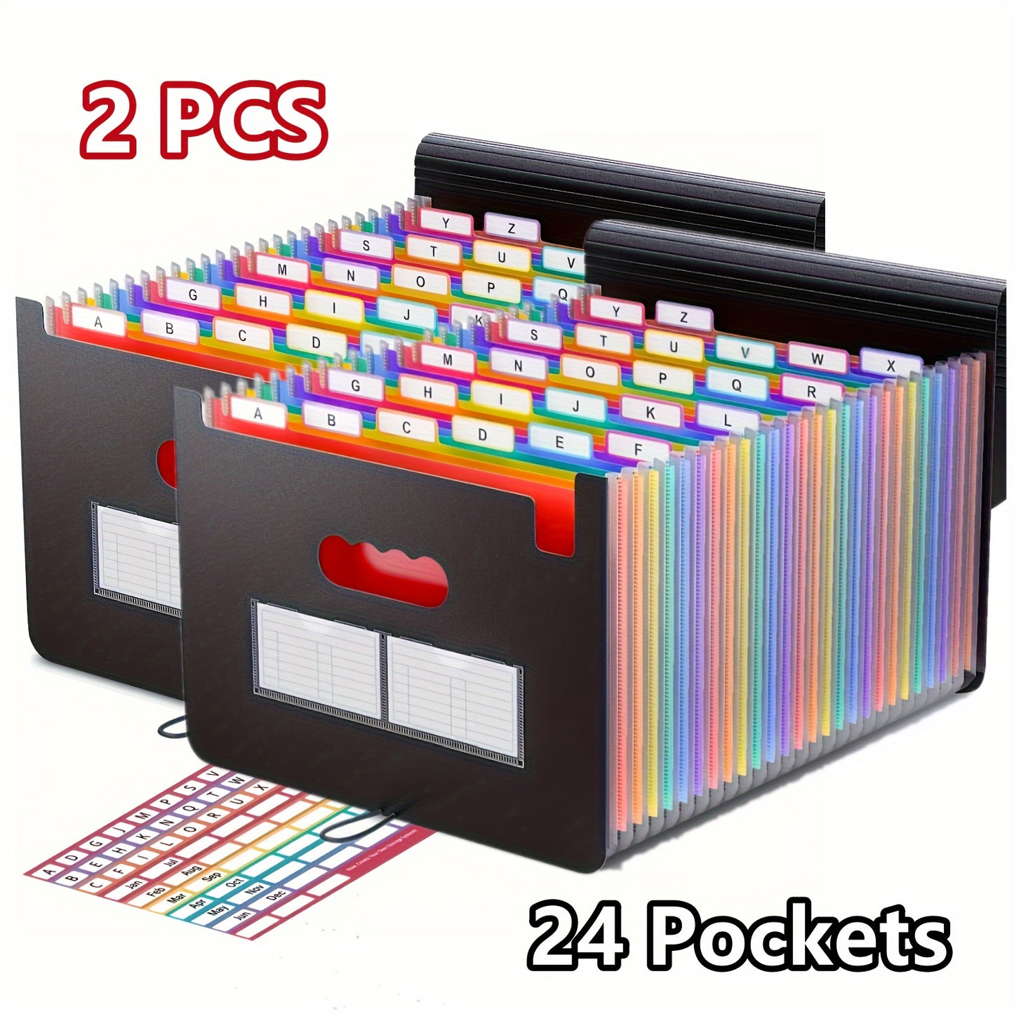 2 Pieces 24 Pockets A4 Accordion Folder 24 Grids Multi Functional Flip File Storage Bag For Office And School