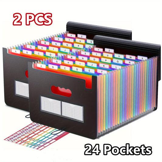 2 Pieces 24 Pockets A4 Accordion Folder 24 Grids Multi Functional Flip File Storage Bag For Office And School