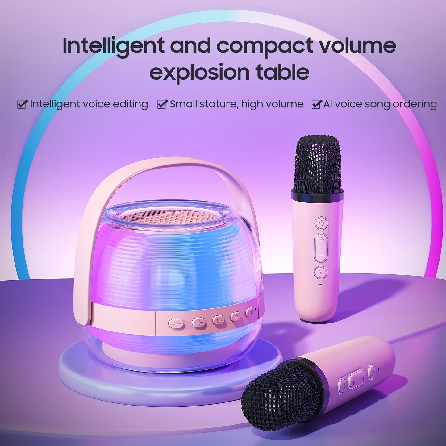 3pcs Portable Mini Karaoke Machine with 2 Wireless Microphones, Wireless Speaker for Teenagers Adults Birthday Gift Ideas, Ambient Light Speaker with Night Light, Suitable for Bedroom Wireless Speaker Speaker, Singing Karaoke