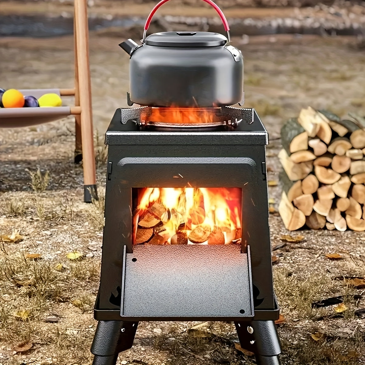 Portable Cast Iron Wood Burning Camp Stove - Heavy-Duty Outdoor Cookstove & Heater with Chimney Design, Air Vents & Sturdy Legs for Camping, Hiking, Picnic, BBQ - Firewood/Charcoal Compatible, No Electricity/Flint/Magnesium N