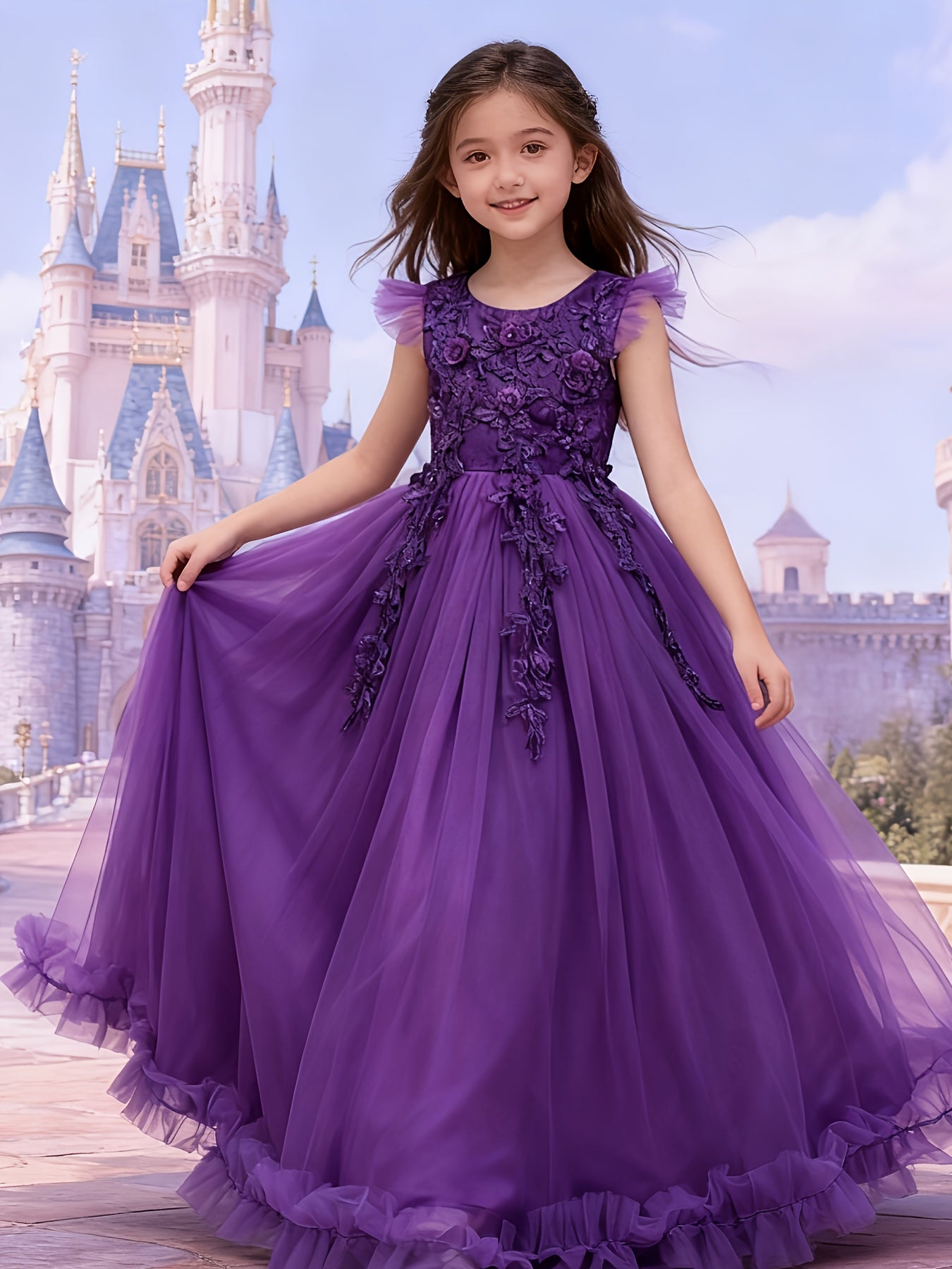2025 New Arrival Girls Princess Style Tulle Gown With 3D Floral Bodice And Large Ballgown Skirt For Weddings And Parties