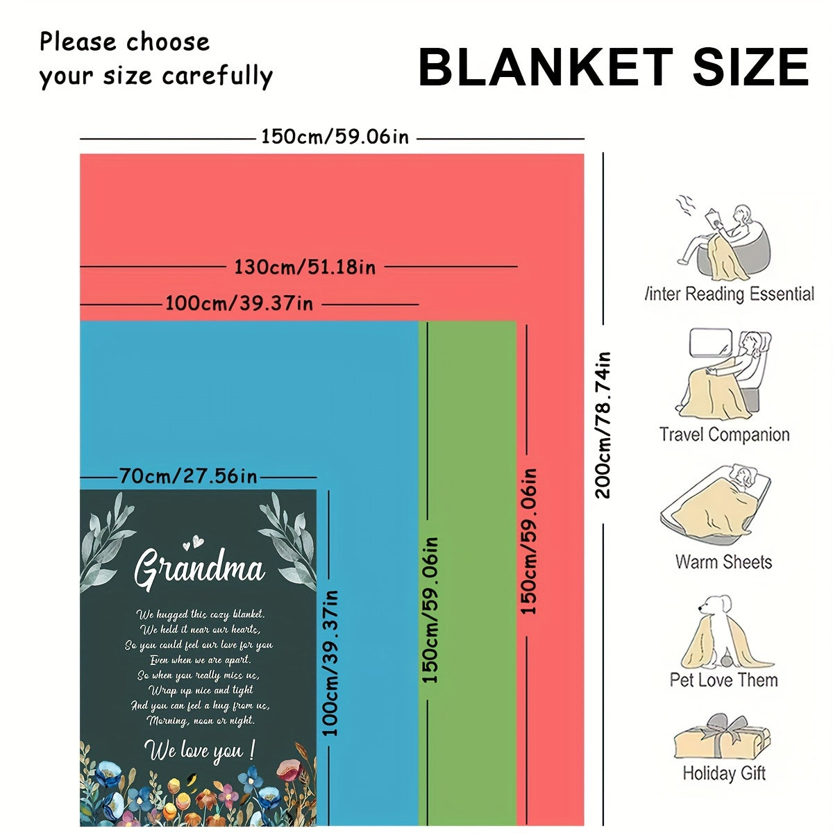 1pc Grandma Gift Blanket - Soft All-Season 30s Yarn Throw with Heartfelt "Grandma" Lettering & Floral Design, Golden Lettering on Dark Green - Sentimental Keepsake for Mother'S Day, Birthday, Christmas - Cozy Bedspread or Cou