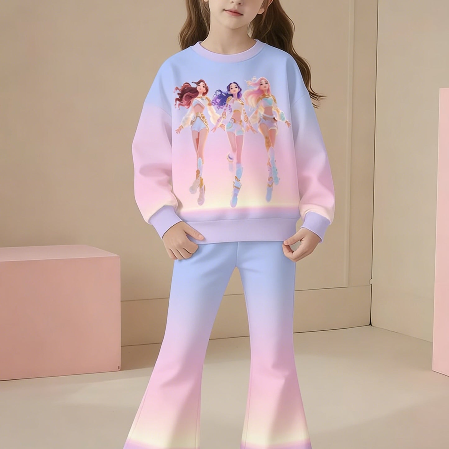 Girls' Fashionable Flared Pants Set | Round Neck Hoodie and Pants, Finely Crafted, Machine Washable, K-POP Trendy Print, Breathable and Comfortable, Suitable for Outdoor Sports, Perfect Choice for Girls