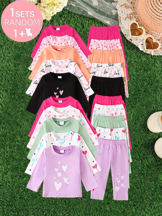 Randomly Send 2pcs of Baby Girl Clothing: a Long-Sleeve T-Shirt with a Heart Print And Randomly Cut Heart Print Pants for an Outdoor Set, for Outdoor